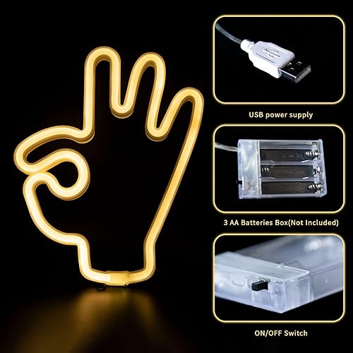 Miniatura 7 de ENUOLI Letreros de neón con forma de mano con forma de dedo, con gesto, luces LED de neón LED con USB o pilas, letreros decorativos de neón para