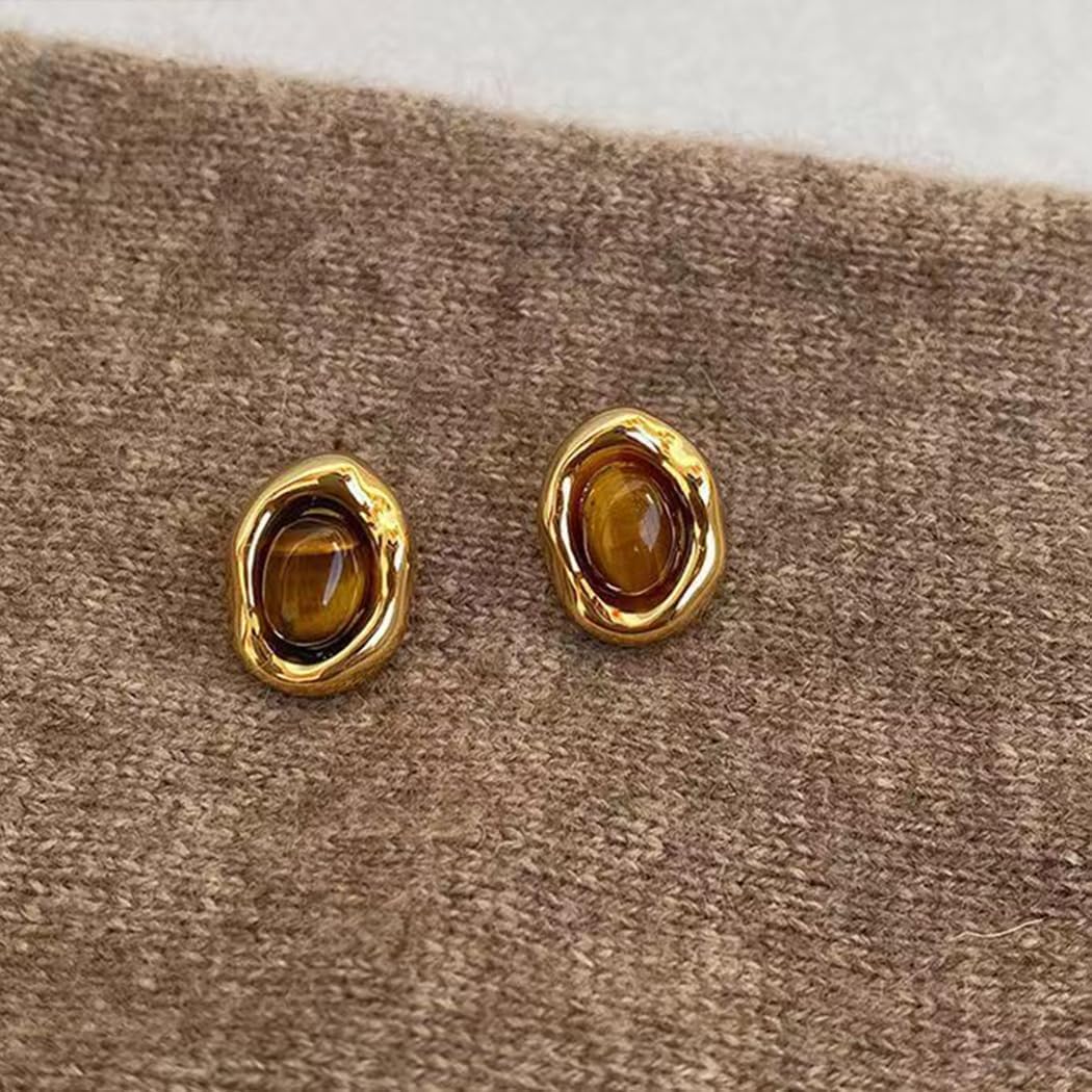 Charm Gold Natural Stone Drop Dangle Earrings for Women, Dainty Geometric Oval Statement Studs Earrings Trendy Aesthetic Ear Jewelry Accessories - Image 6