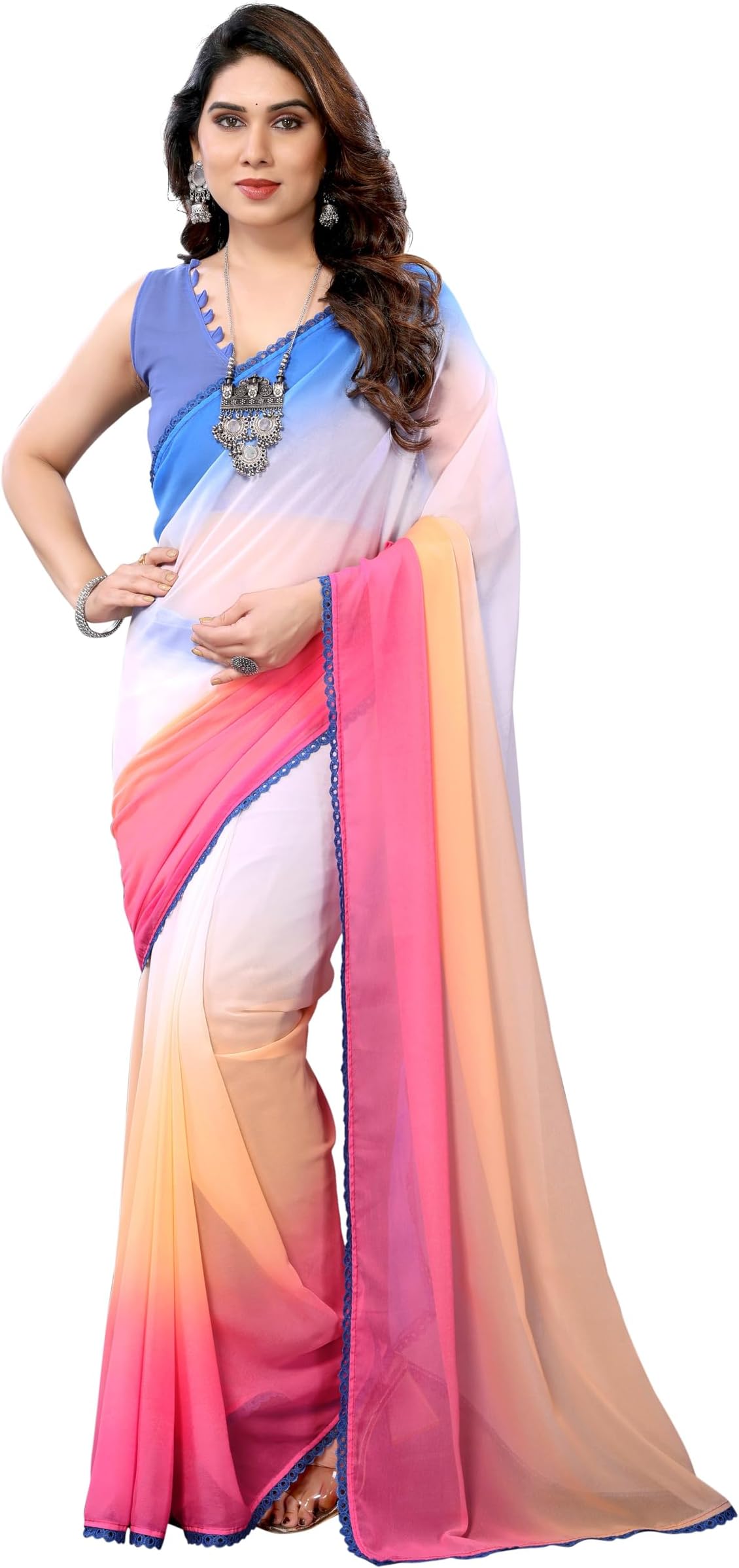 MOHIT CREATIONS Women's Party Wear Georgette Printed Border Ready To Wear Saree With Unstiched Blouse Piece