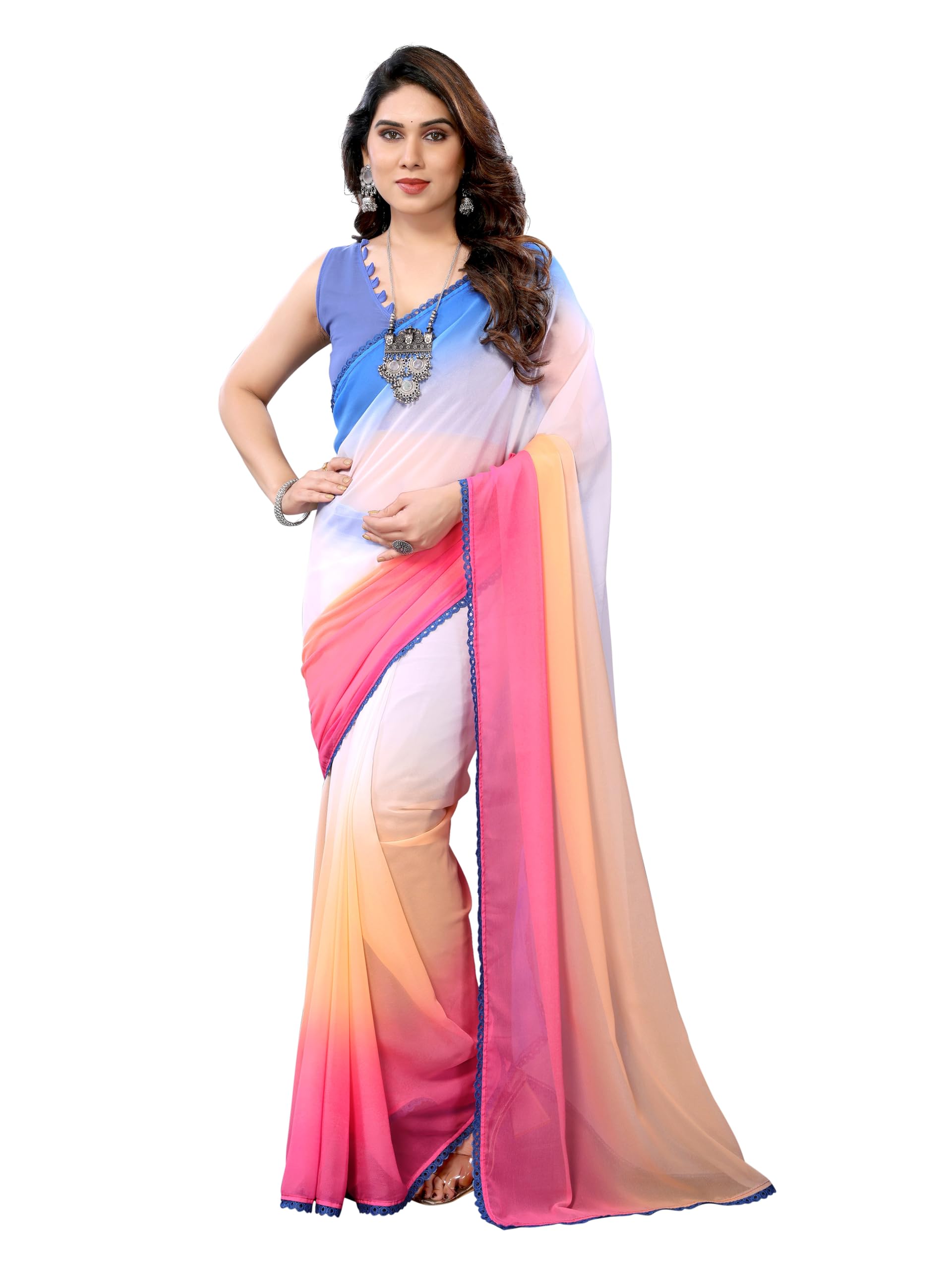 MOHIT CREATIONS Women's Party Wear Georgette Printed Border Ready To Wear Saree With Unstiched Blouse Piece