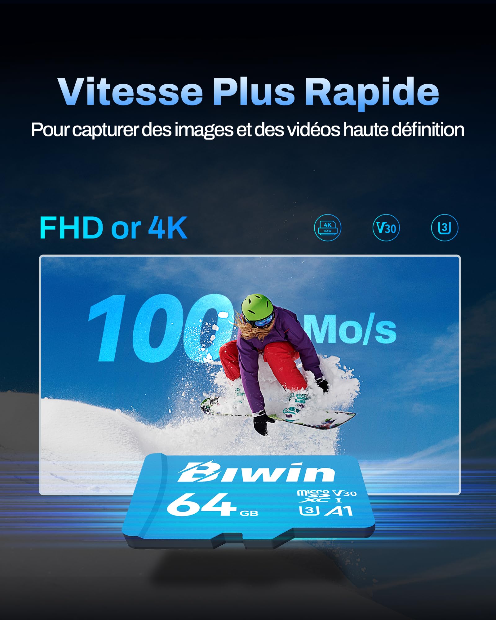 Carte Micro SDXC Biwin MS100 64 Go, MicroSD UHS-I A1 V30 U3 Classe 10, 100 Mo/s