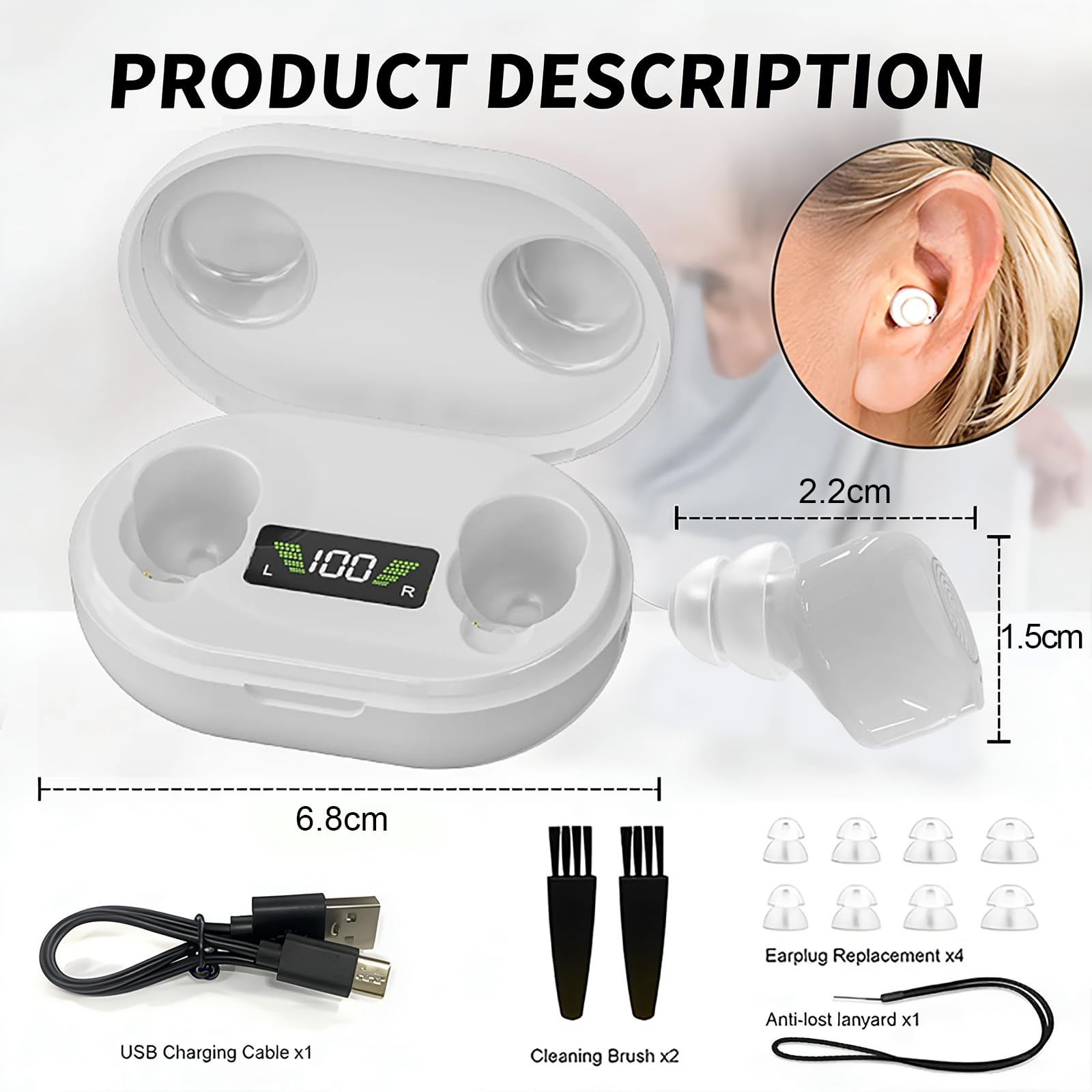 Dispositivo audio ricaricabile per anziani e adulti, dispositivo audio digitale con auricolari in-ear leggeri da 3,2 g, accensione anti ululo, comandi touch e custodia di ricarica LED (bianco)