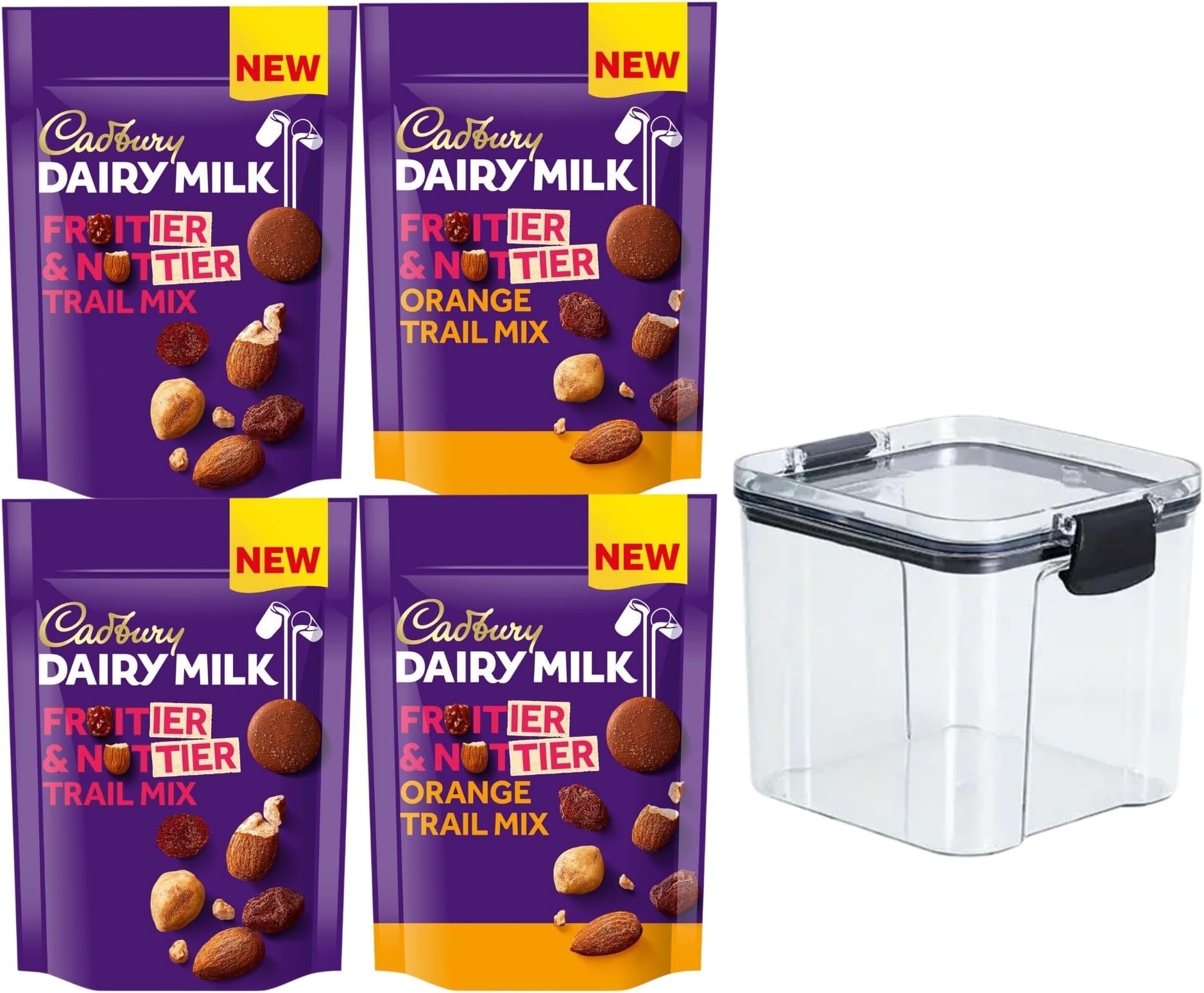 Trail Mix Bundle - Contains 2 x 100g Dairy Milk Fruitier & Nuttier Trail Mix & 2 x 100g Orange Cadbury Trail Mix with a 700ml Air Tight Food Storage Container for Your Fruit and Nut Mix.