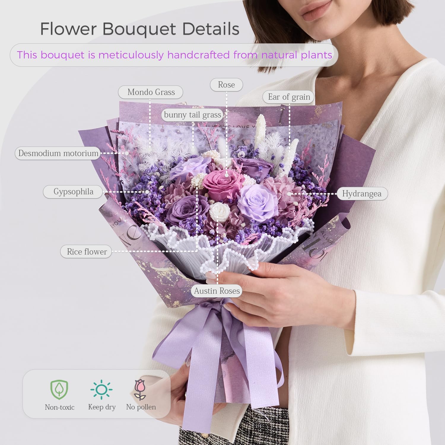 large Preserved flowers Bouquet with Real Roses,Long Lasting flower for delivery prime,Birthday for Women,Wedding,Mother’s Day,Valentine’s Day,Anniversary,Wife,Girlfriend,Christmas Gifts(Purple)