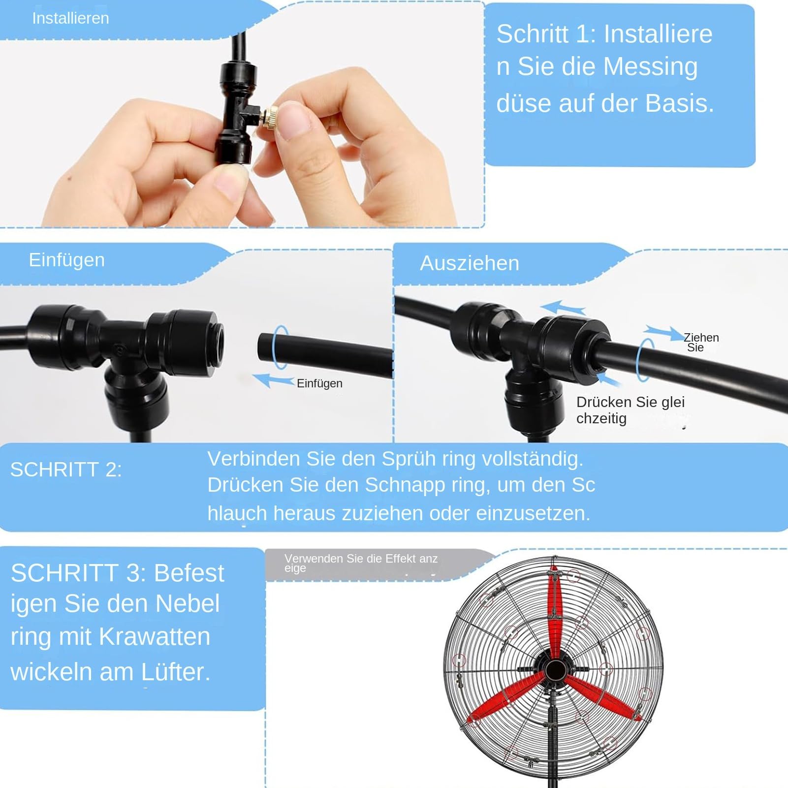 Fan Misting Kit – Fan Mister per esterni, sistema di raffreddamento a nebbia per esterni, kit di aggiornamento Mister Misting, ventilatore ad acqua, per patio, con 6 ugelli rimovibili