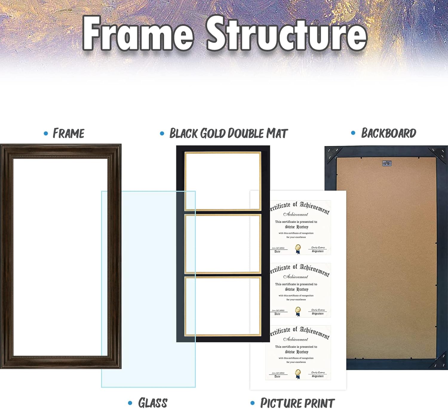 AUEAR,14x29 Triple Diploma Frame with 3 Openings for Three 8.5x11 Certificates,Wall Display and Real Glass(Color Brown)