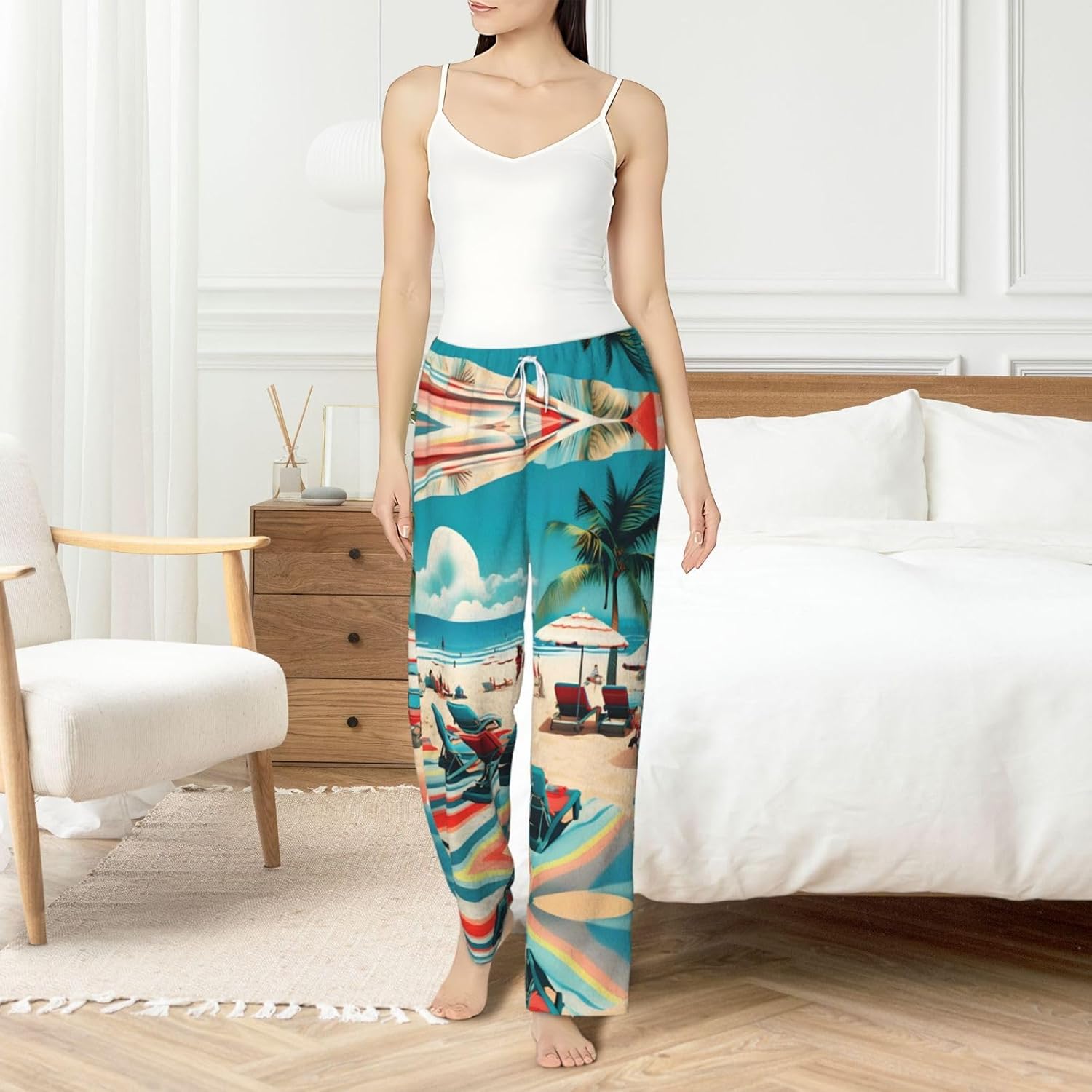 Beach Scenerys Print Cozy Christmas Pajama Pants,Flannel Pajama Bottoms,Cater To Various Body Types