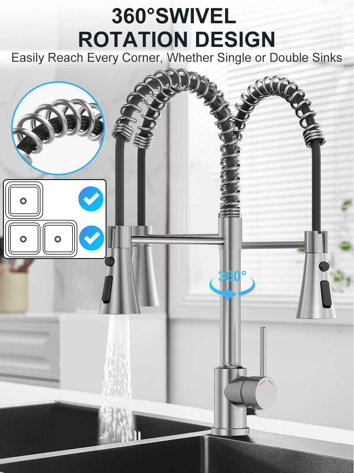 Grifo de Cocina con Ducha Extraíble – Grifo Fregadero de Acero Inoxidable 304, Cabezal de 3 Funciones, Alta Presión, Monomando en Níquel Cepillado