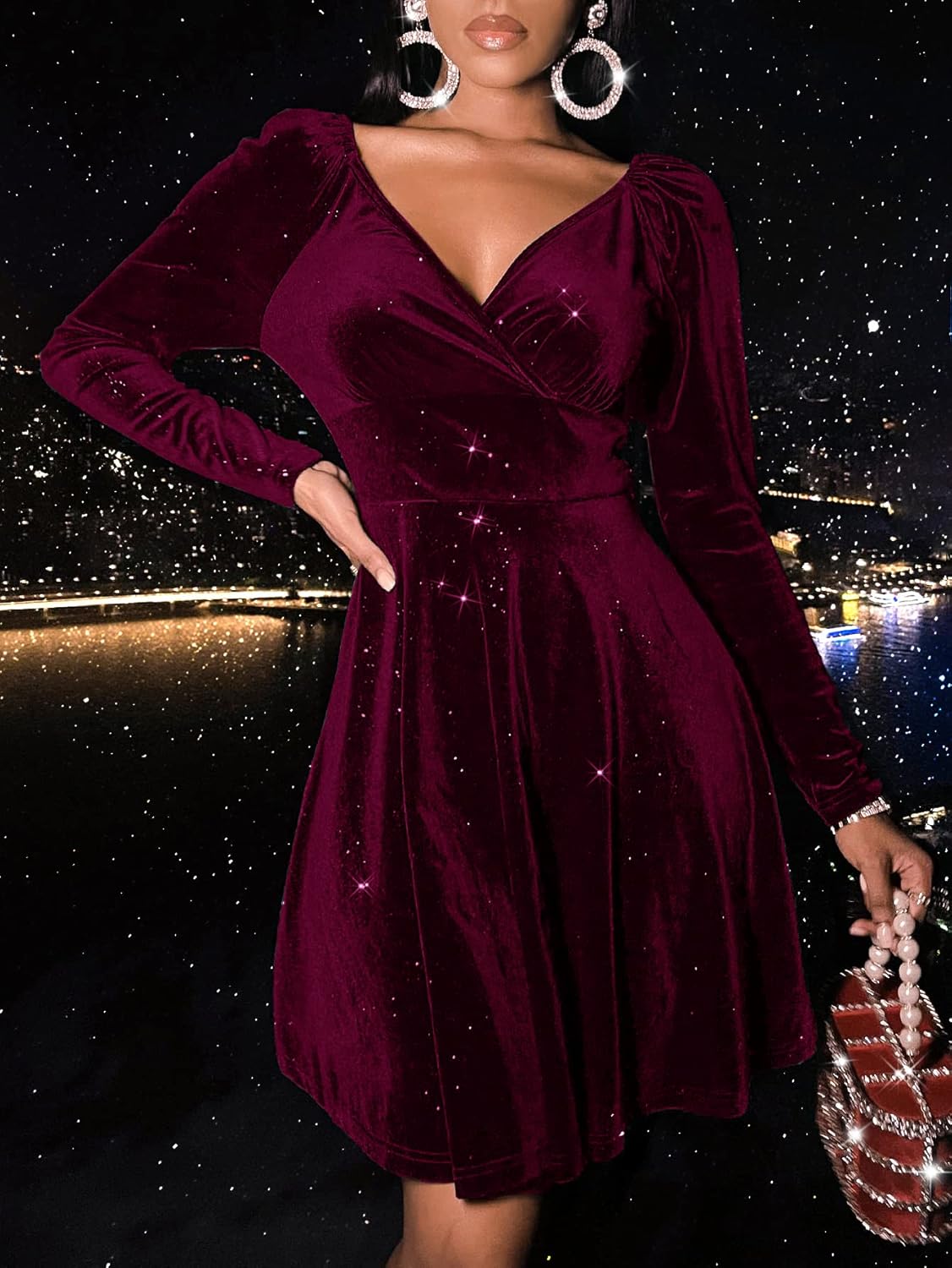 Sexyasasii Womens Wrap V Neck Long Sleeve Velvet Glitter A Line Cocktail Party Swing Fit and Flare Skater Mini Dress - Image 3