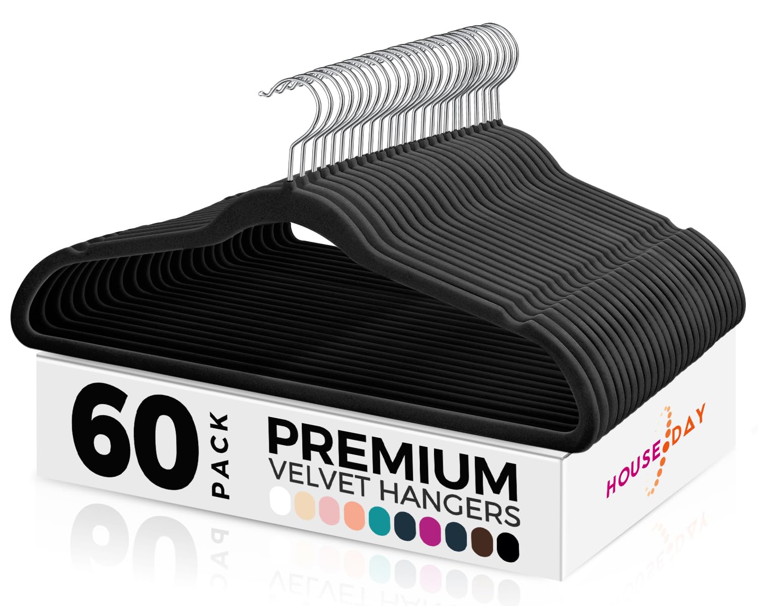 HOUSE DAY Kleiderbügel Samt 60 Stück, Kleiderbügel Platzsparend Filz Bügel - Rutschfester, Premium Schwarzer Anzugbügel, 360° Drehbarer Haken, Schwarz