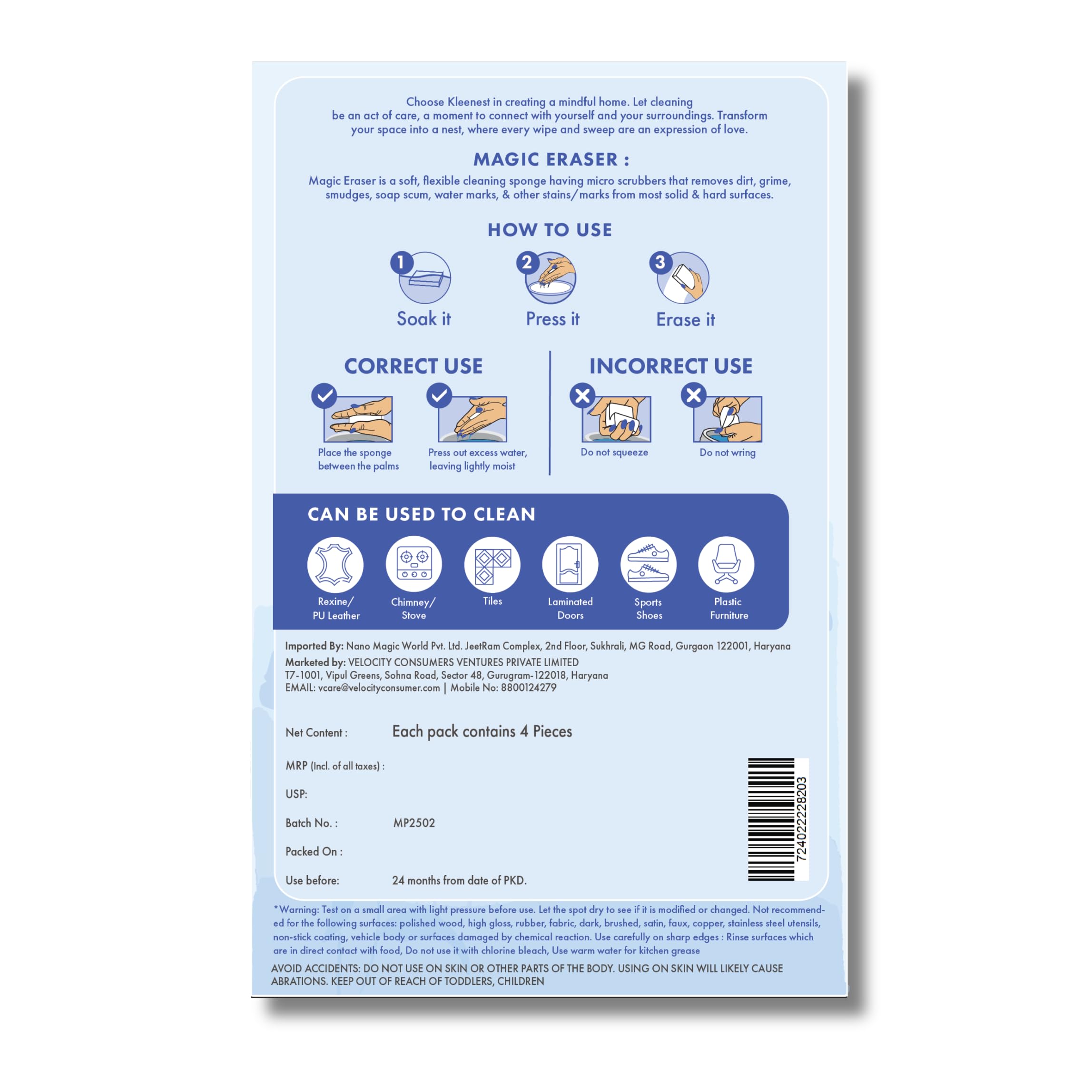 Kleenest Magic Eraser Cleaning Sponge – Pack of 4, Chemical-Free 4