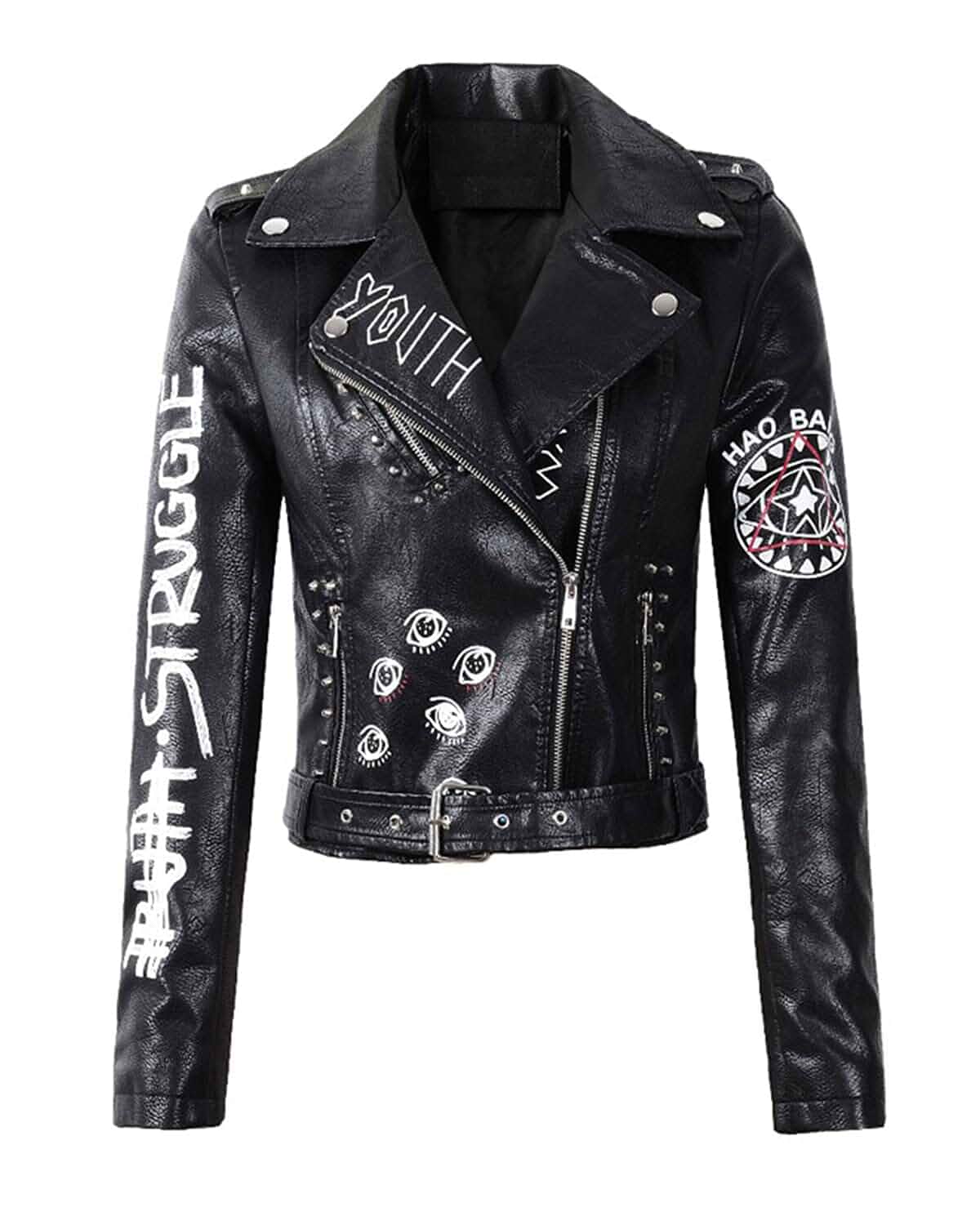 LY VAREY LIN Women's Print Faux Leather Punk Jacket Biker Motorcycle Jacket with Belt 3D Printed · Fitted