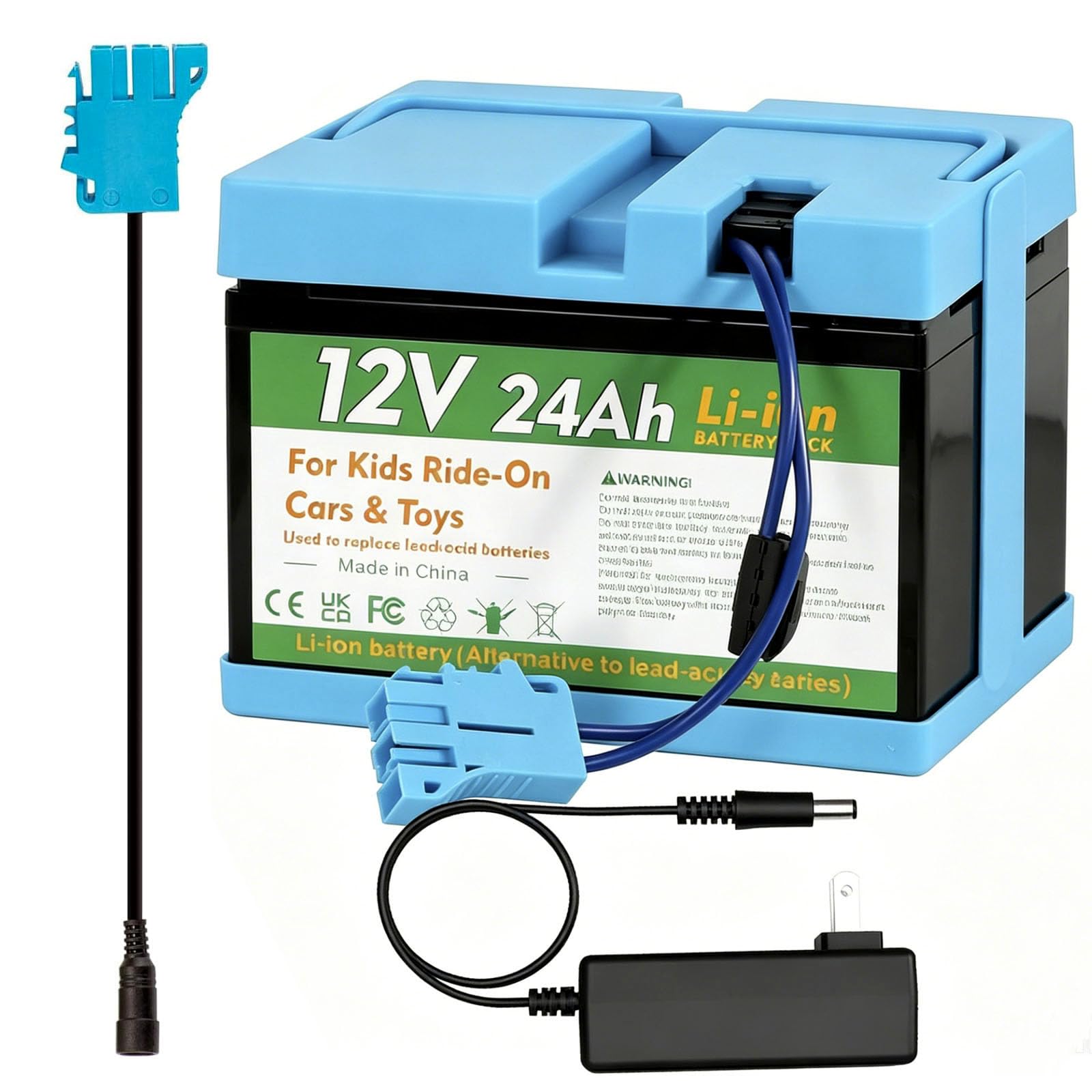 12V 24Ah Lithium-Akku für Peg Perego Kinderfahrzeuge mit Ladegerät und Adapterkabel