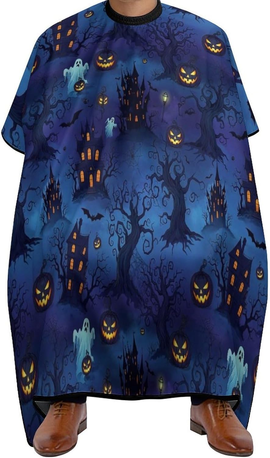 Fashion Salon Barber Cape Professional Hair Cutting Cape with Adjustable Snap Closure Halloween Night Bat Pumpkin Skull