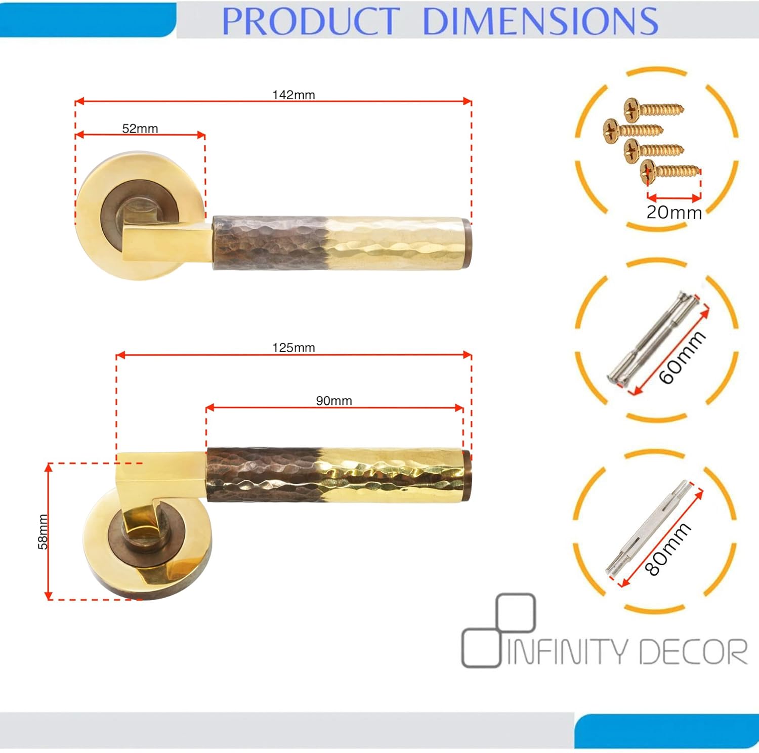 Infinity Decor Pair of Aged Brass Hammered Lever on Rose Latch Door Handles Set 130mm x 52mm Ideal for Internal & External Doors.