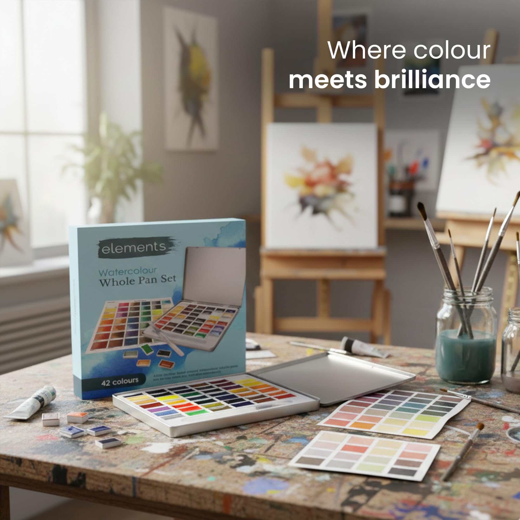 Elements Aquarellfarben-Set – 42 Premium-Aquarellfarben ganze Pfannen – handgegossene cremige Farbpfannen perfekt für Künstler, Anfänger, Studenten oder Hobbyisten mit 1 vielseitigem Wasserpinsel