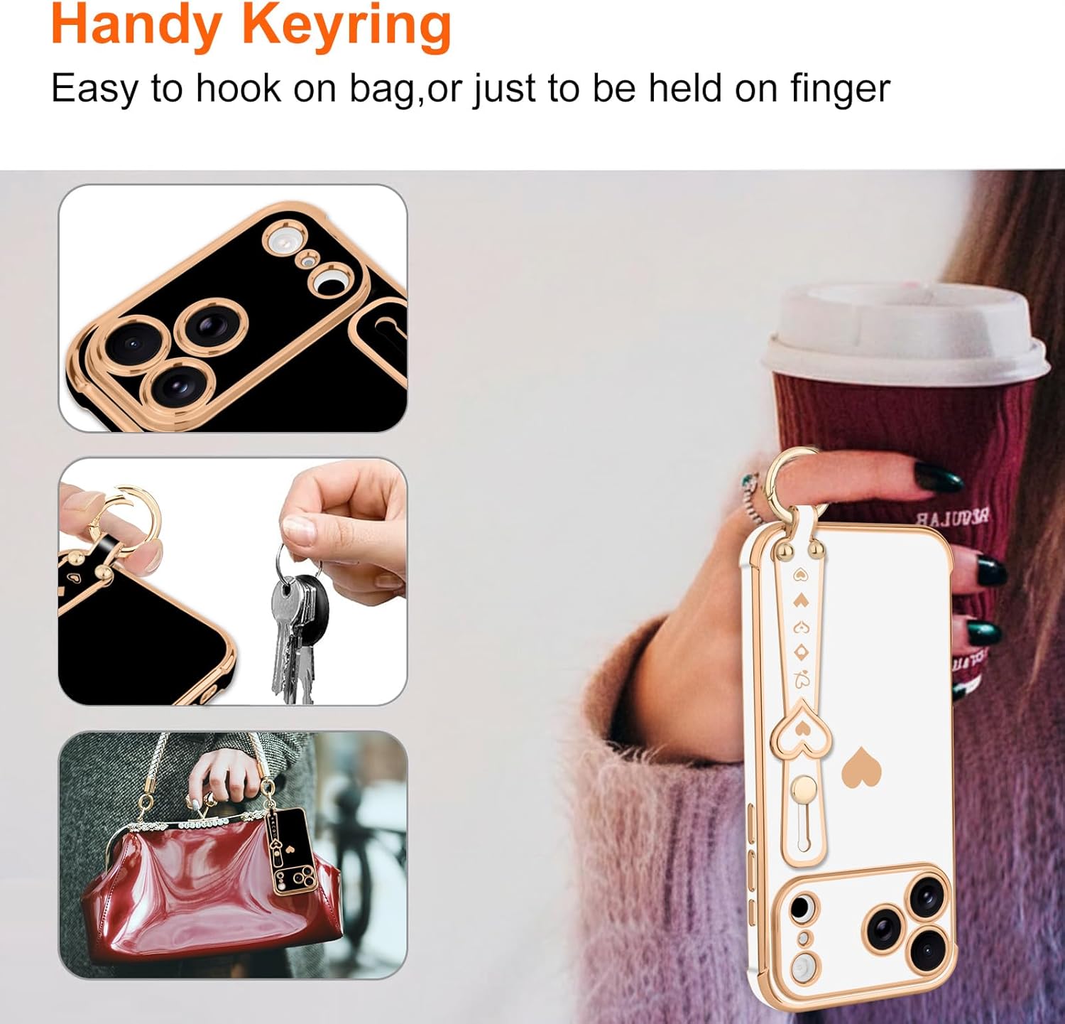 Compatible with iPhone 17 Pro Case with Strap for Women Girls [2× Screen Protectors], Cute Love-Hearts Design, Wristband Kickstand Plating Edge Protective Phone Case (6.3") - White - Image 7