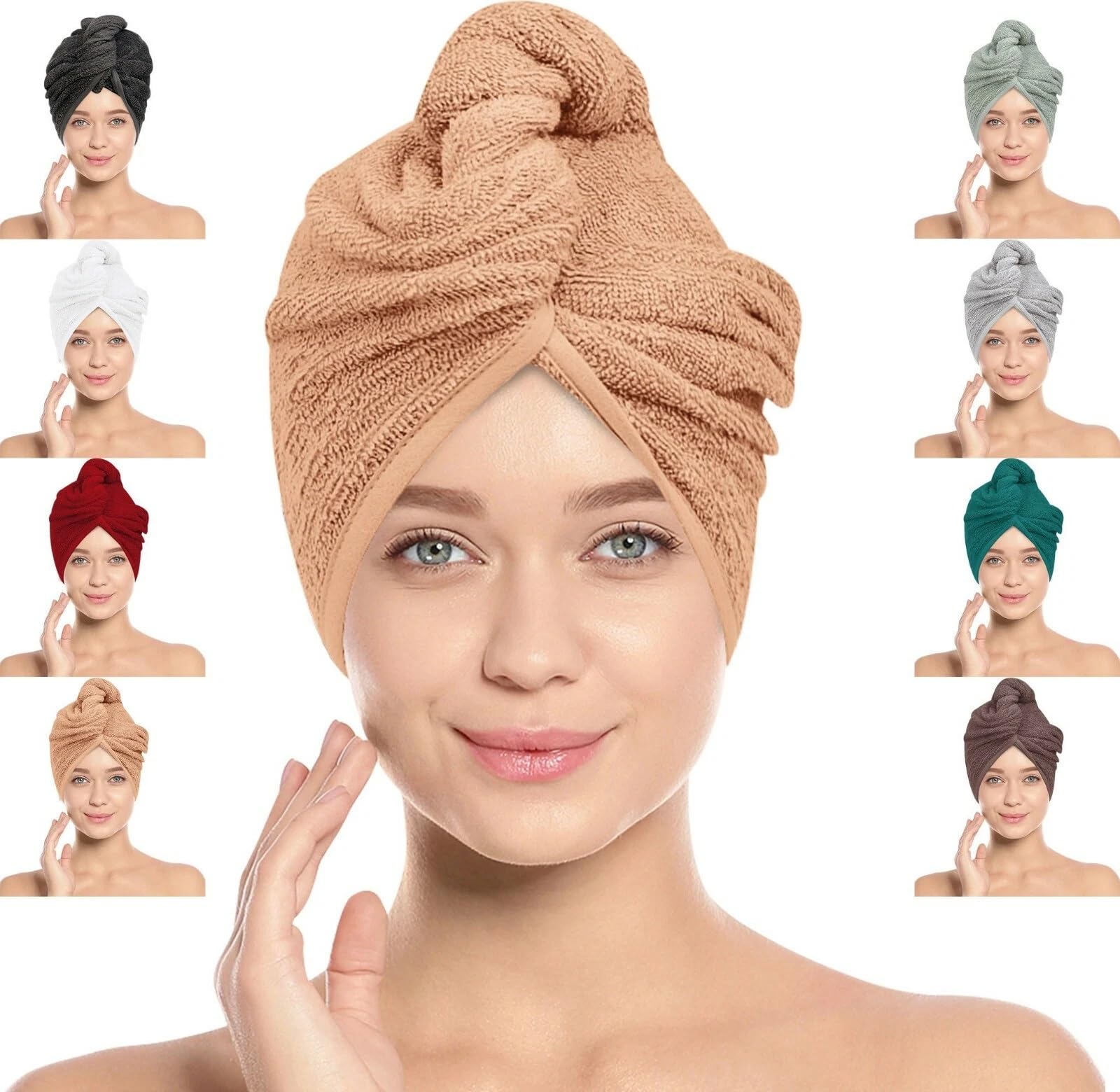 BAVIN Hair Towel Wrap, 100% Pure Cotton, Rapid-Dry Hair-Drying Turban, Ultra Soft and Quick Drying Absorbent, Anti Frizz Hair Large Towel with Button Loop, 66cm x 26cm (Camel, Pack of 1)