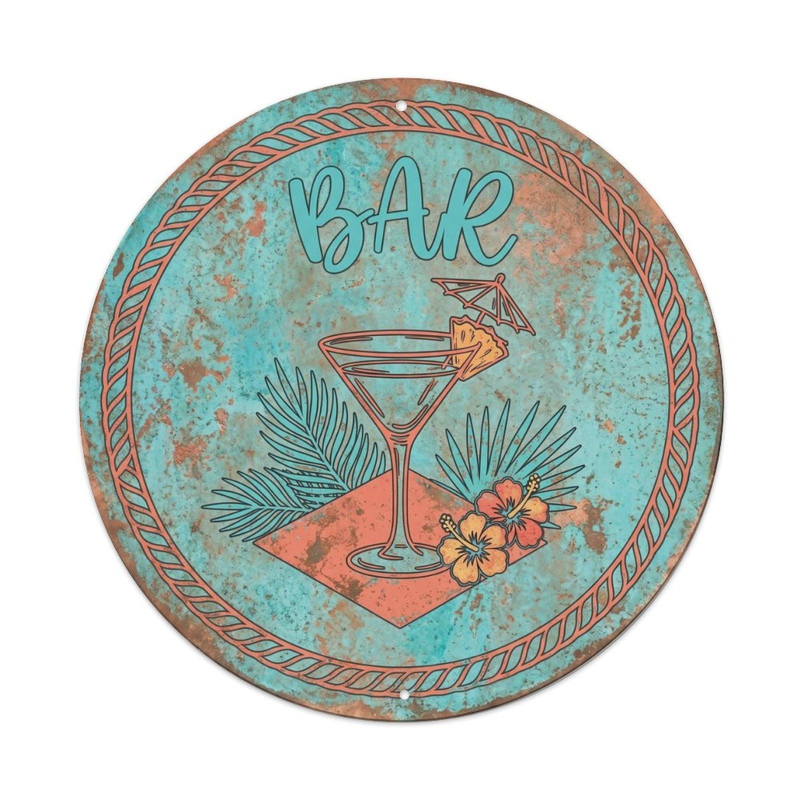Vintage BAR Tropical Paradise Ornament Metal Tin Sign Plaque Wall Decor for Cafe, Club, Garden Round Metal Poster 8x8Inch