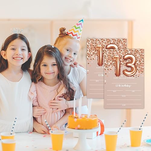 Miniatura 5 de Tarjetas de invitación de cumpleaños número 13, invitaciones de fiesta de cumpleaños número 13 con purpurina de oro rosa, suministros de decoración