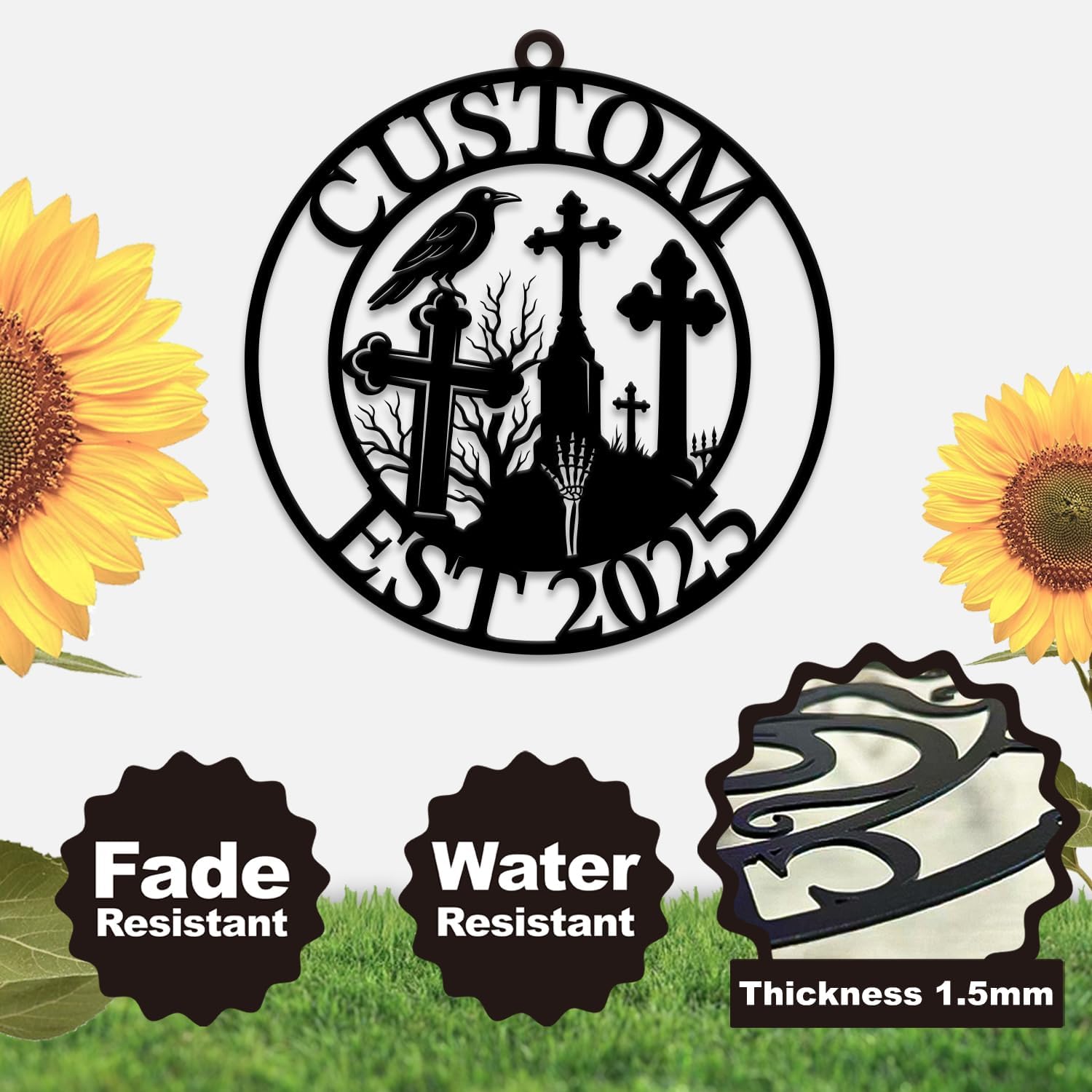 Personalized Customize Name Gothic Skull Wind Chime, Metal Iron 37 Inch Outdoor Memorial Gift for Garden Yard Patio Home Decor, Black (Style F)