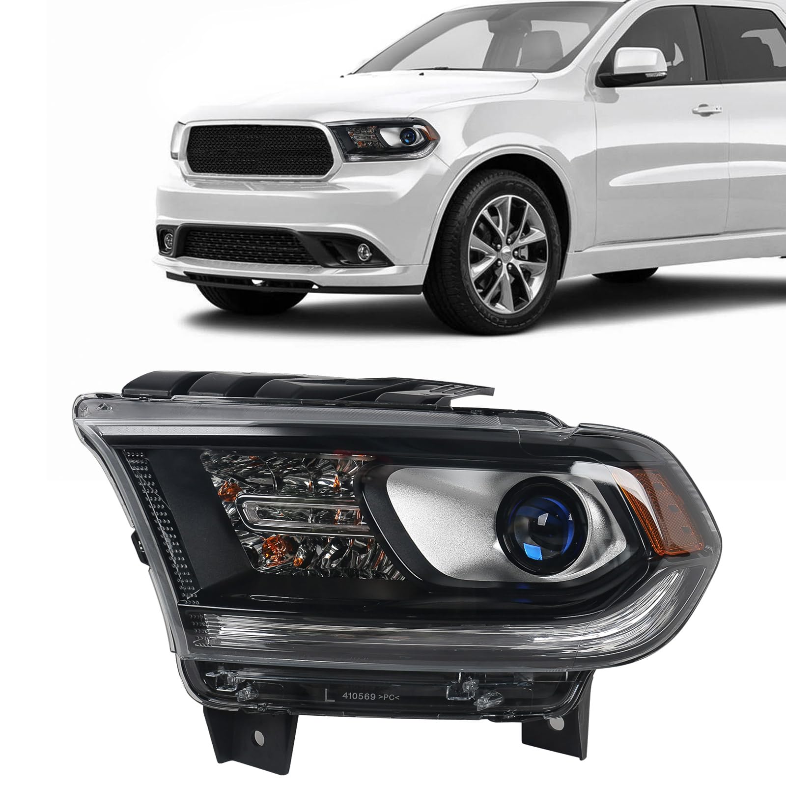 FIONE Halogen Headlight Assembly Compatible With Dodge Durango 2014-2020 Replacement Black Housing Headlights Without LED DRL Projector Left Driver Side LH 68299135AD CH2502302