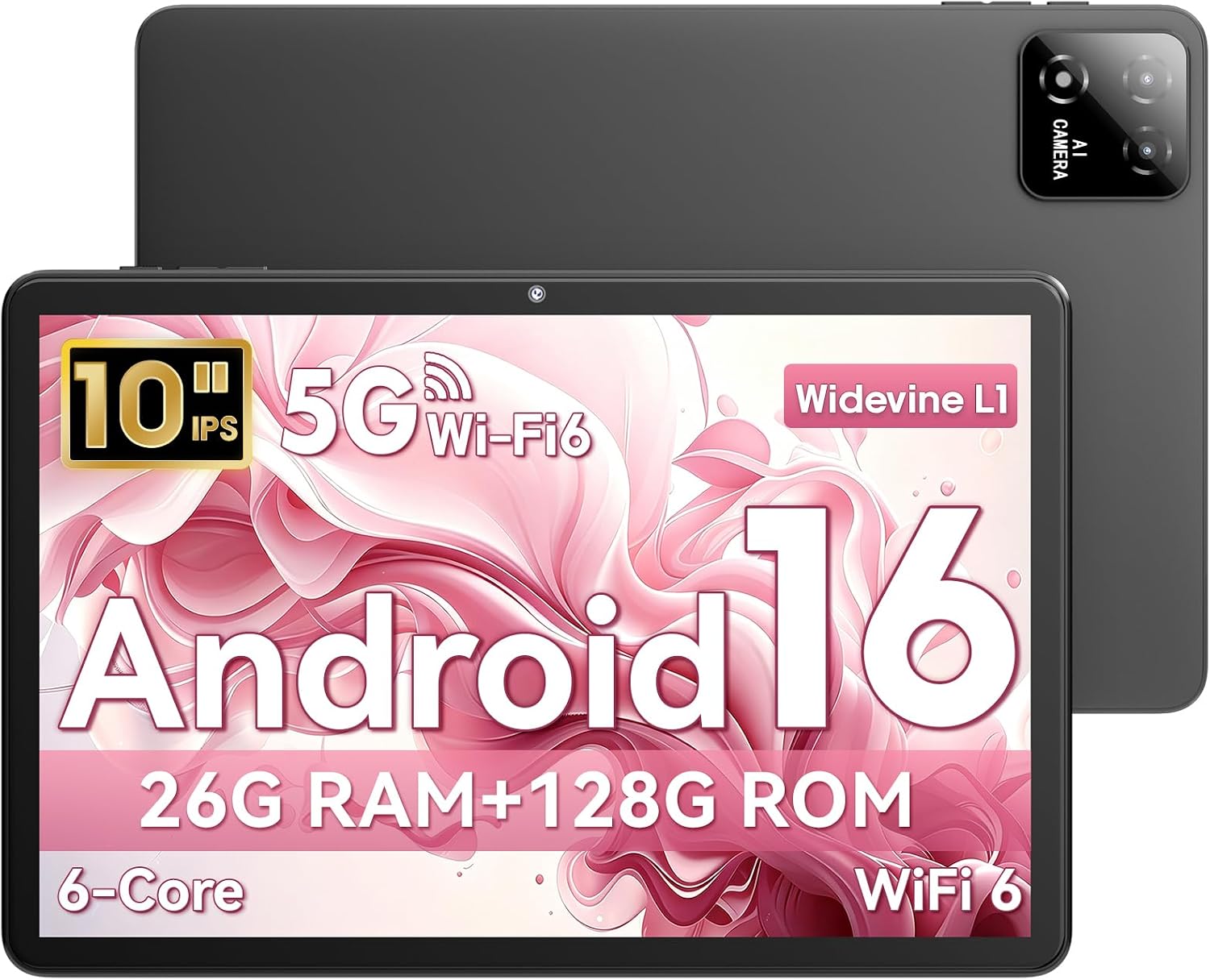 Tablet 10 Pollici, Tablet Android 16, Unisoc T606 CPU, 26 GB RAM + 128 GB ROM + 1 TB TF, Display HD IPS 1280x800, Batteria 7000 mAh, Fotocamera Doppia, WiFi 6, BT 5.0, Widevine L1, GPS (Grigio)