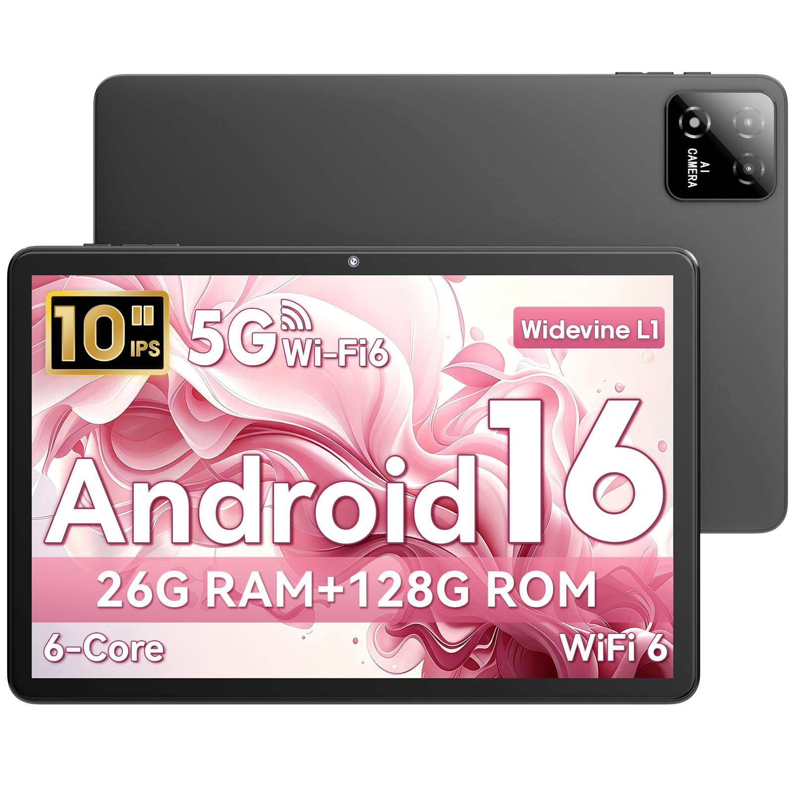 Tablet 10 Pulgadas, Tableta Android 16, Unisoc T606 CPU, 26 GB RAM + 128 GB ROM + 1 TB TF, Pantalla HD IPS 1280×800, Batería 7000 mAh, Cámara Dual, WiFi 2,4G + 5G, BT 5.0, Widevine L1, GPS (Gris)