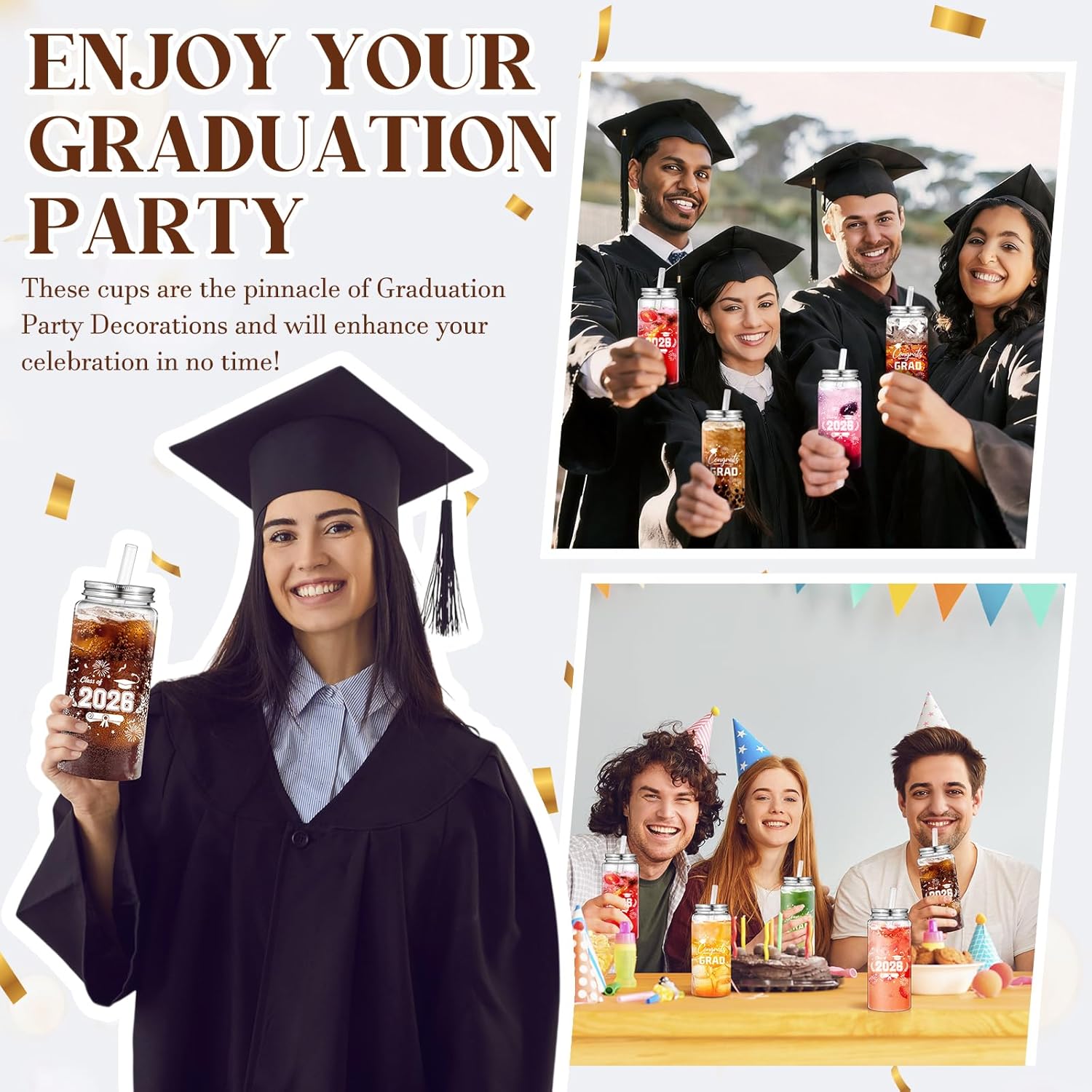 Pickmesh 36 Pcs Reusable Graduation Cups 13.5 oz Clear Plastic Tumblers with Lids and Straws Class of 2026 Party Supplies for Graduation Decorations and Congrats Grad Events(White)