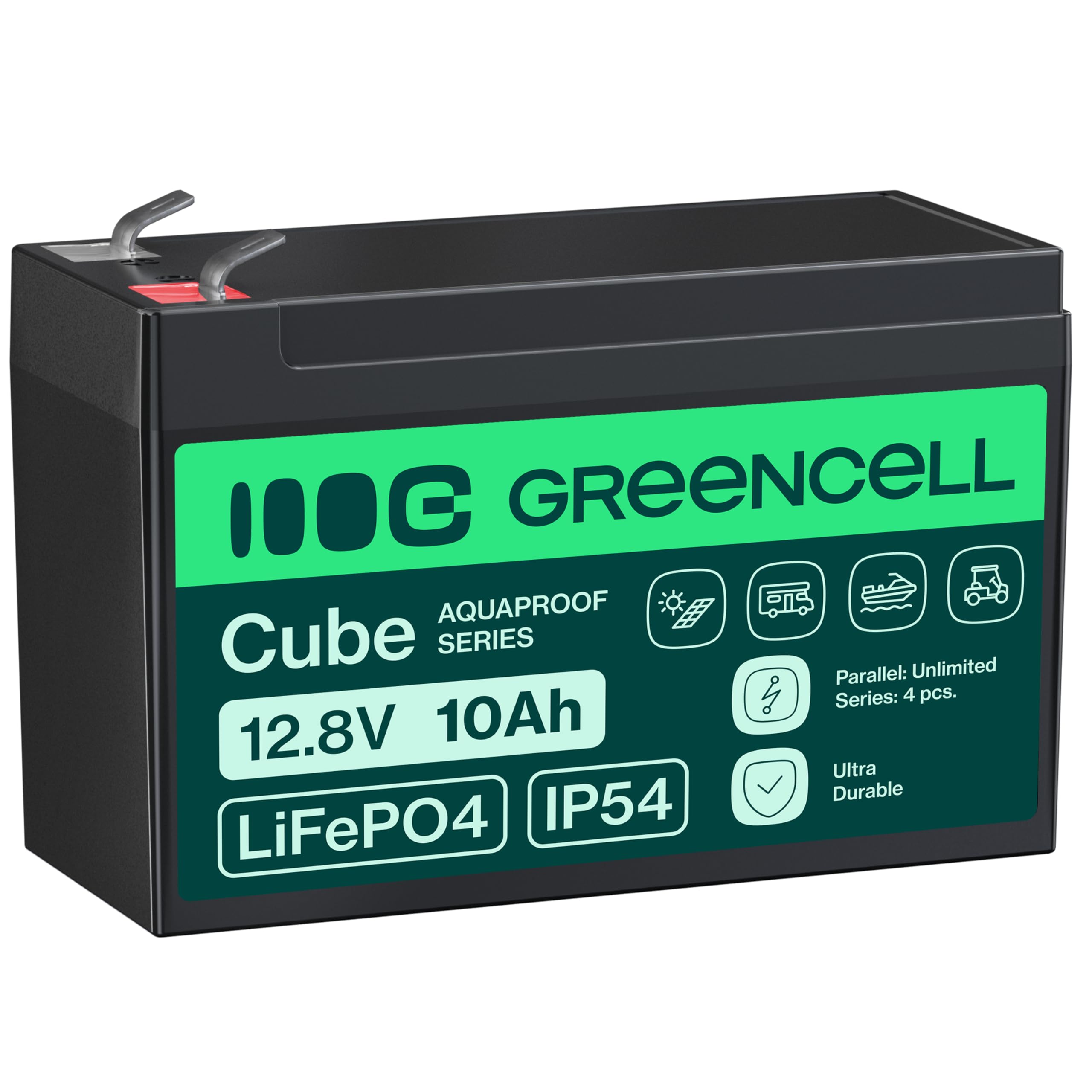 Green Cell Batería Cube LiFePO4 10Ah 12,8 V – Batería de fosfato de Litio para autocaravanas, Barcos, Sistemas solares, Sistemas Fuera de Red, con BMS, Ligera y Segura