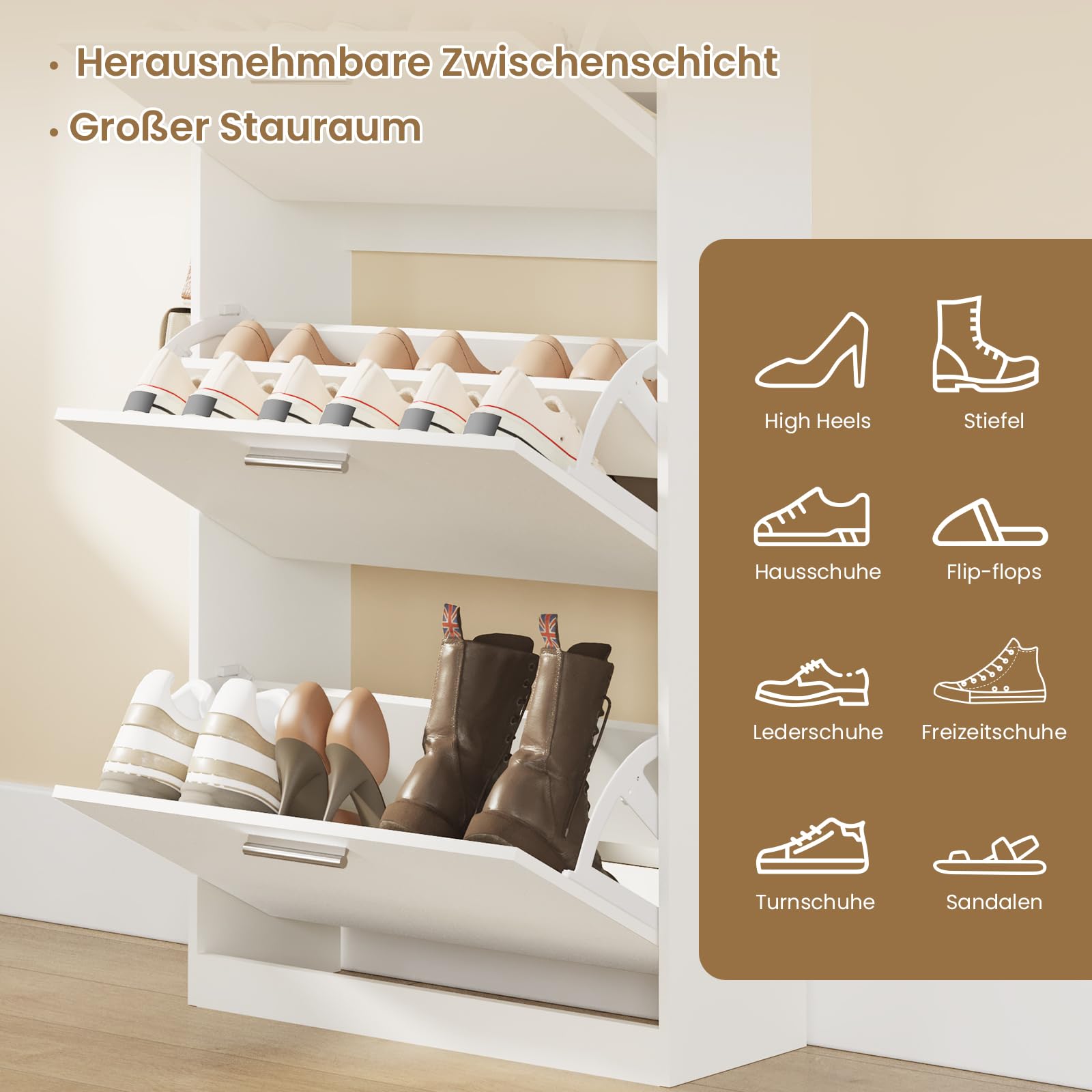 Asgolion Schuhschrank 3 Klappen, Schuhregal, Trennwand verstellbar,Schuhaufbewahrung, Schuhschrank Holz für den Eingang, Flur, Wohnzimmer, 60 x 22.5 x 120 cm, weiß