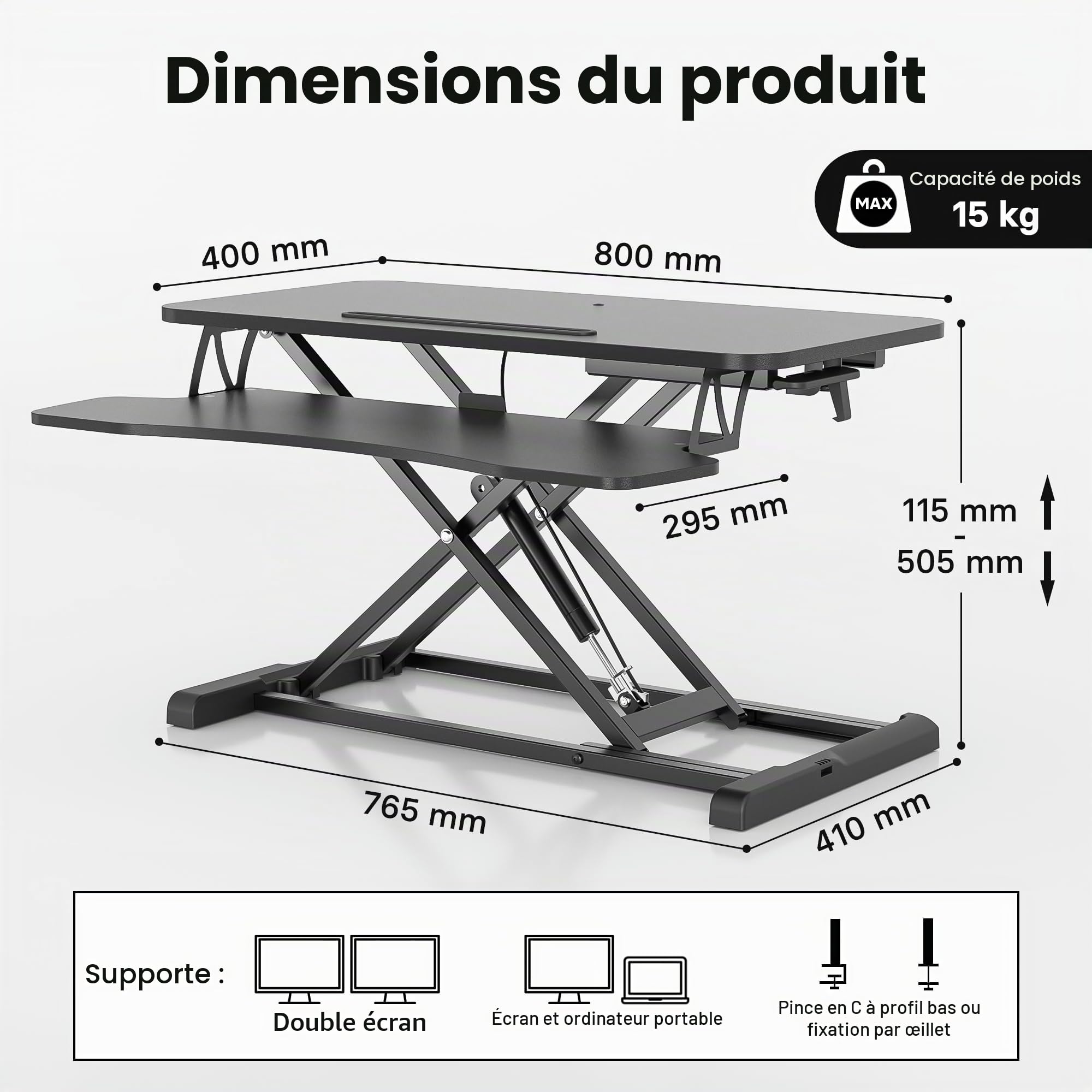 BONTEC Bureau Assis-Debout Réglable en Hauteur, Convertisseur de Bureau Standing Desk avec Plateau Clavier Amovible, Plateforme 80x40cm, Capacité 15kg, Bureau Travail Debout, Rehausseur Bureau