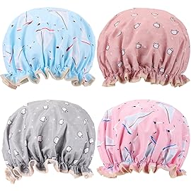 4 Pcs Shower Caps Hat for Women and Girl, Reusable Waterproof Bath Cap Double Waterproof Layers Cat and Boat Pattern