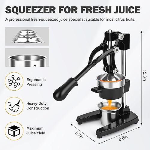 Miniatura 5 de Exprimidor manual de hierro fundido con cono de acero inoxidable, exprimidor de limón resistente para un máximo rendimiento de jugo y limpieza sin