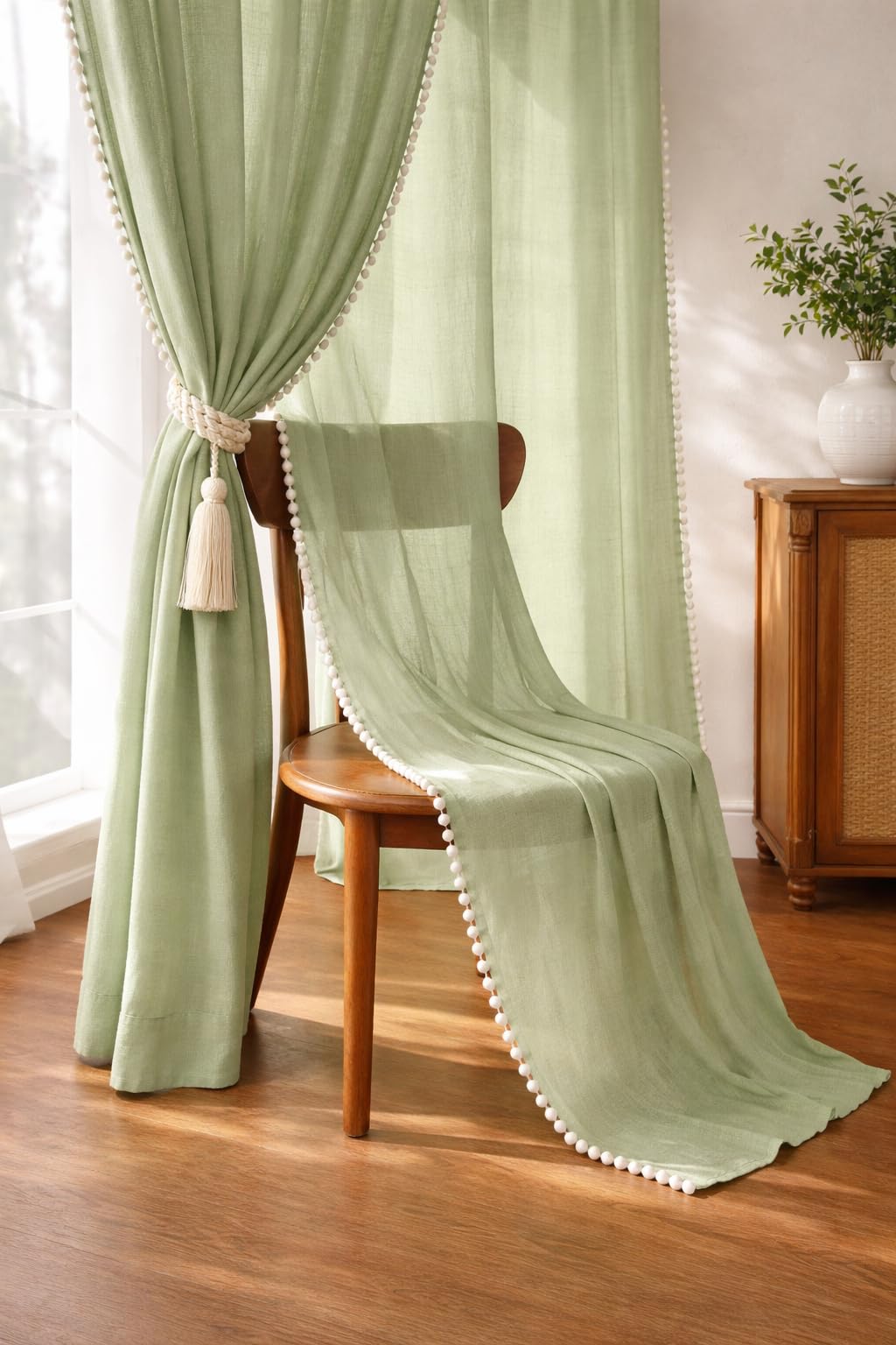THE LINEN COMPANY Sheer Cotton Curtains with Pom Pom Lace Rod Pocket Light Filtering Transparent Net Curtains for Window Door Living Room Avocado Green 6.5 Ft Pack of 2