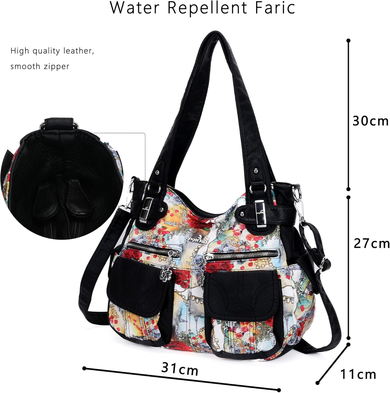 Angel Kiss Women's Designer Handbag Large Double Zipper Multi Pocket Washed Leather Purse - Image 3