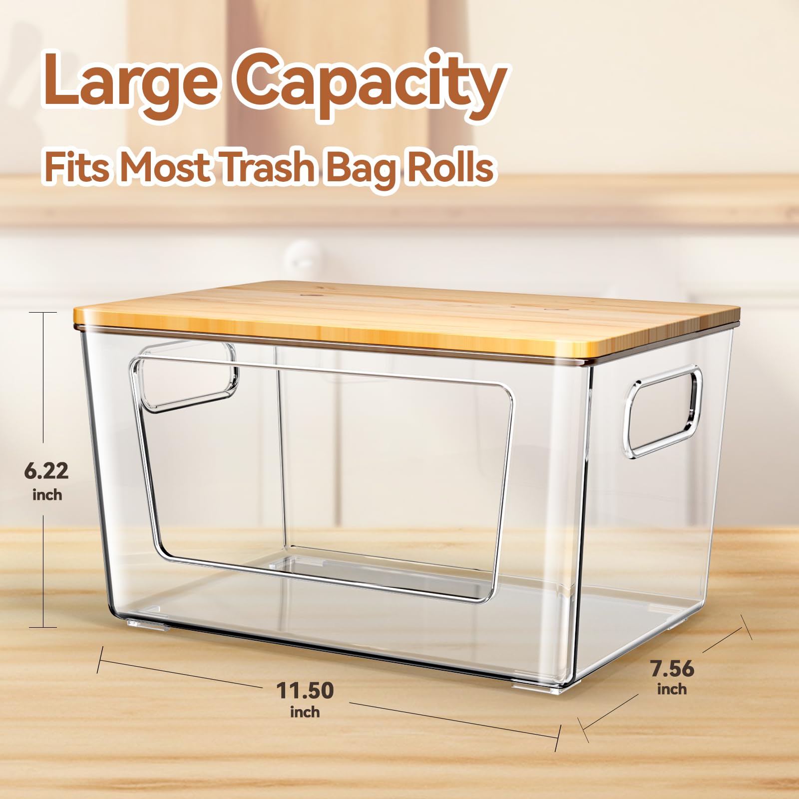spospo Paquete de 2 soportes para bolsas de basura con tapa de bambú, dispensador de bolsas de basura apilables | Soporte extra grande para bolsas de basura para cocina, lavandería, organización y almacenamiento debajo del fregadero