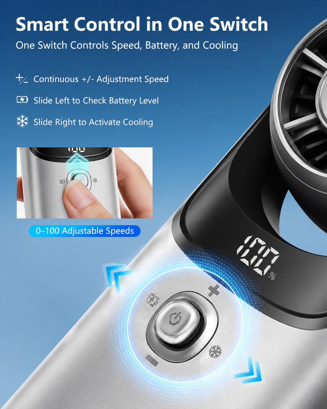 Mini ventilateur portable avec plaque de refroidissement, corps en alliage d'aluminium, ventilateur portable de poche, ventilateur personnel avec 100 vitesses, affichage numérique, tête réglable pour
