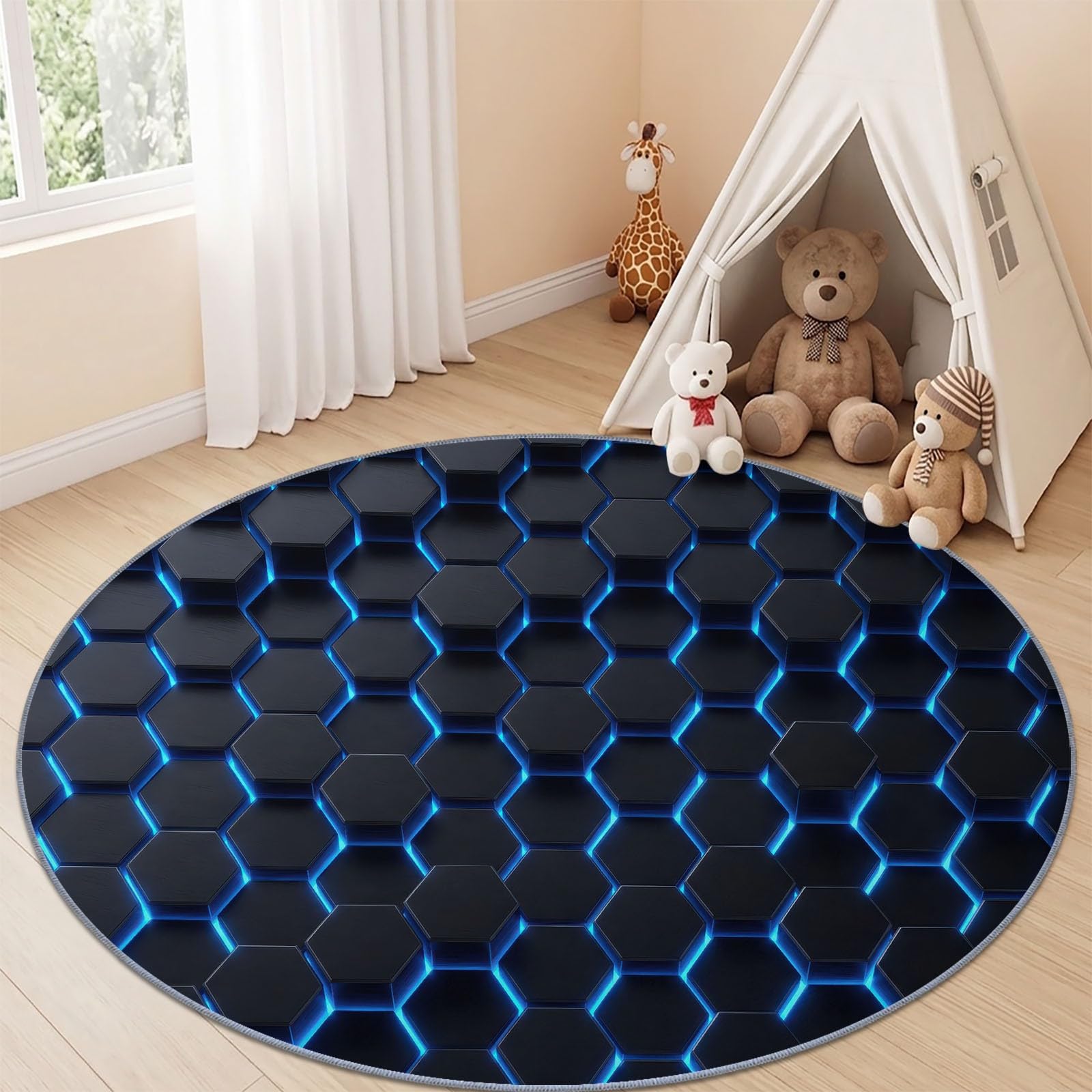 Generisch Kunst Teppich Rund 245 cm, Waschbare Teppiche, Moderne 3D-Metallische Hexagone Runder Teppiche, rutschfest Carpet, Bedruckter Teppich Schlafsaal, Schwarz Blau