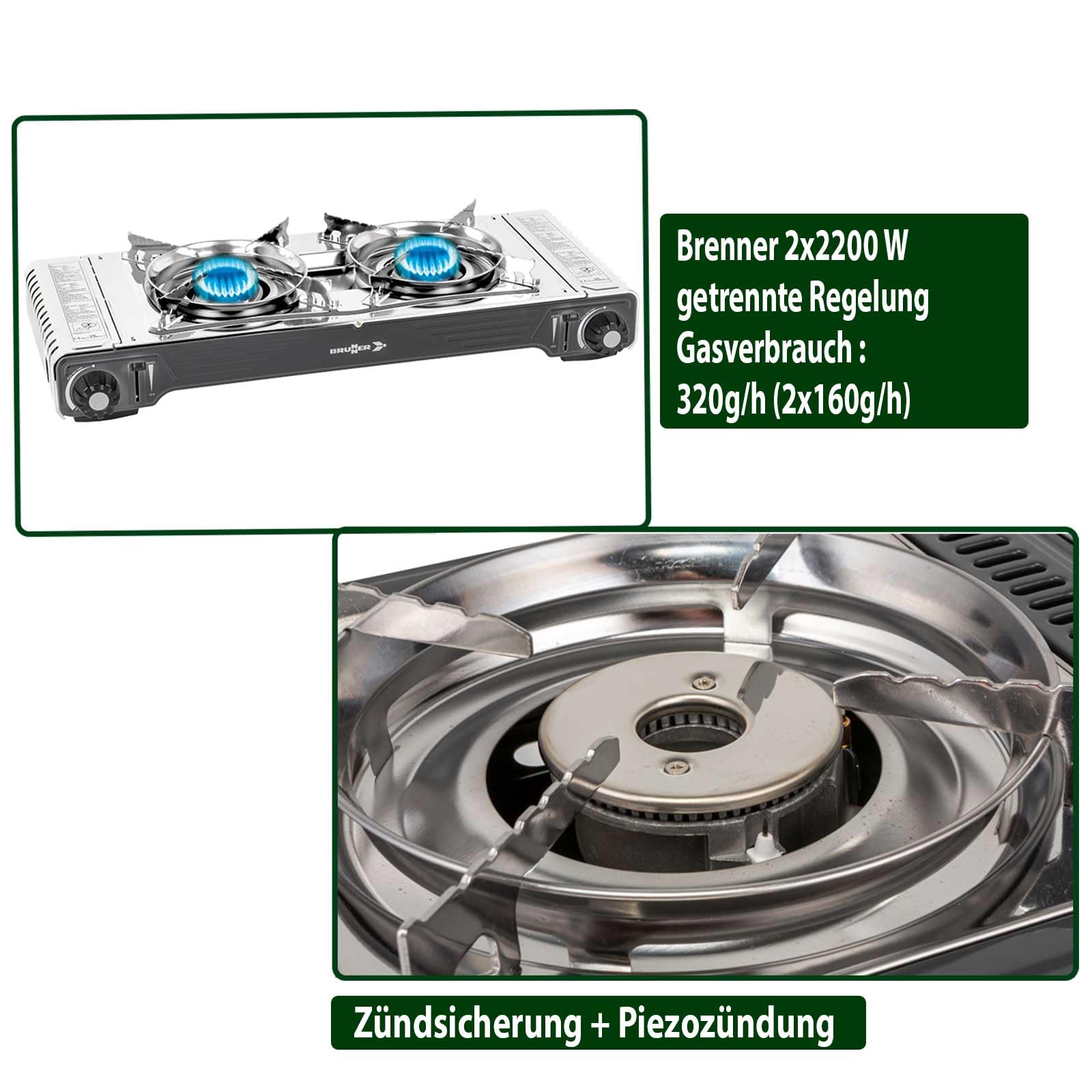 BRUNNER Gaskocher Zweiflammig DEVIL DOUBLE SD Zündsicherung Gas-Kartuschen | Camping-Kocher Zweiflammig Edelstahl DEVIL DOUBLE SD Zündsicherung für Ventil-Kartuschen Piezozündung + 1x Grillplatte