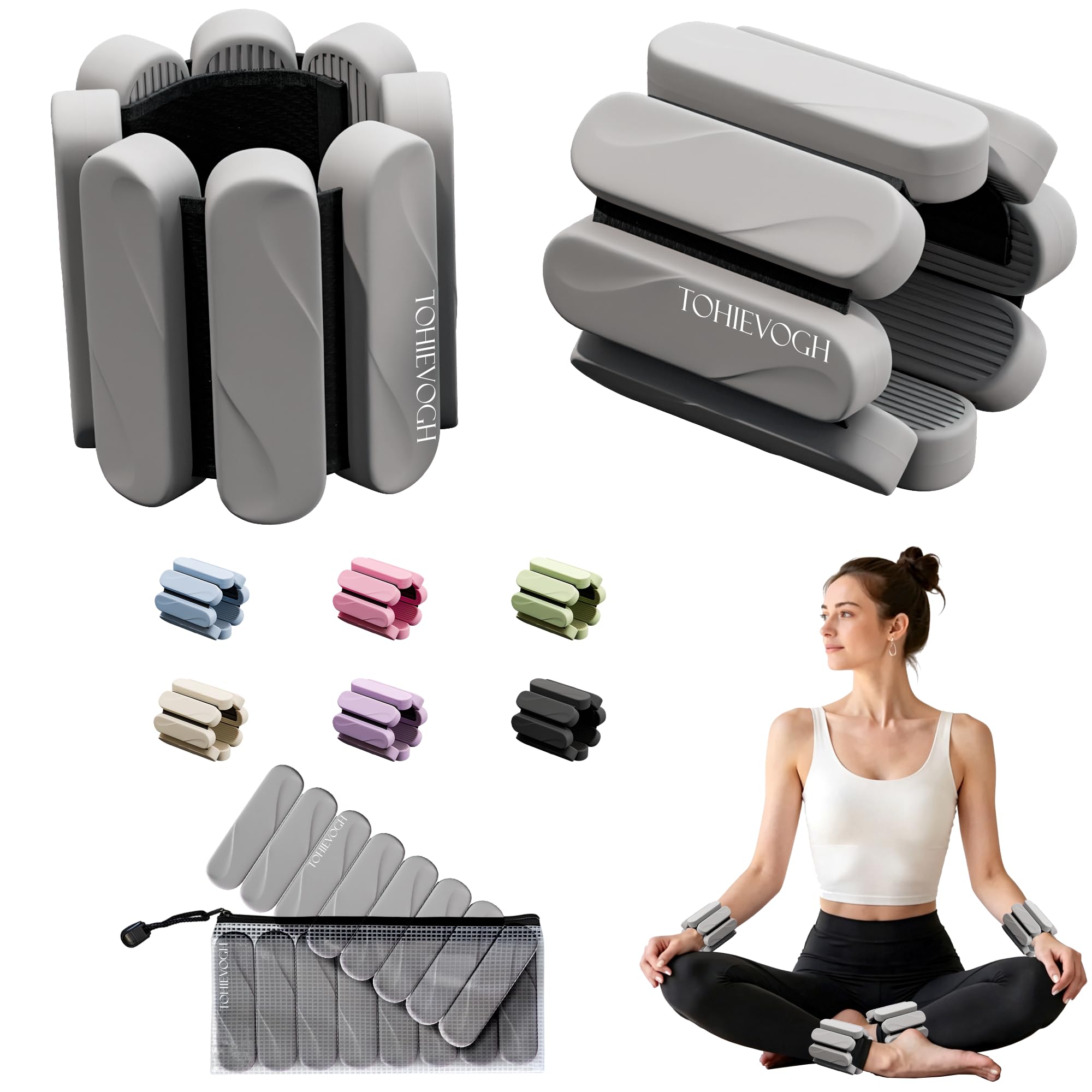 TohieVogh Wrist & Ankle Weights for Women Men Grey Set of 2 (1lb Each), Arm Weights w/Removable Silicone Modules, Leg Weights Adjustable Ankle Wrist Weights for Yoga Pilates Barre Exercise Running