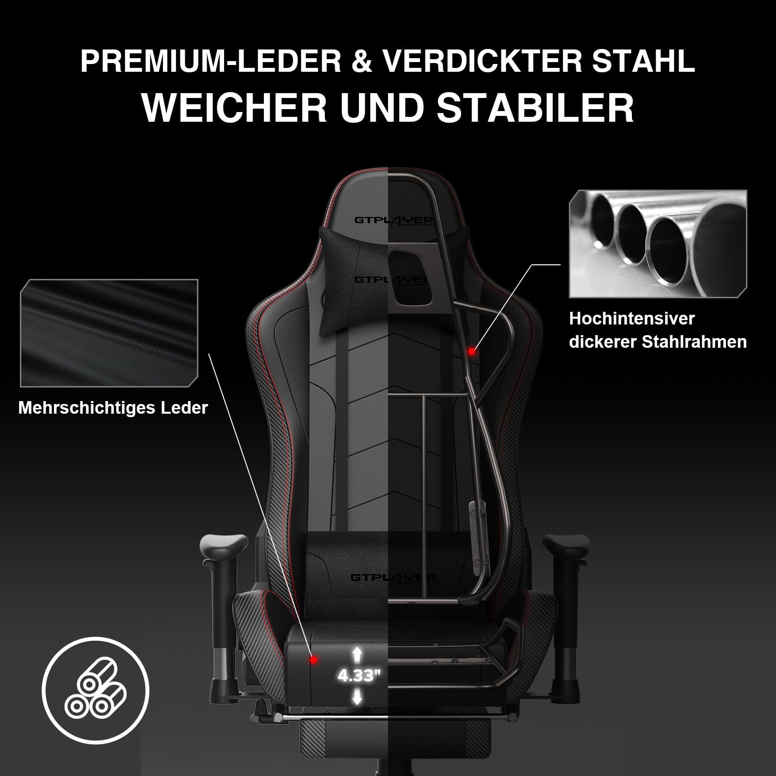GTPLAYER Gaming Stuhl Gamer Stuhl mit Fußstütze Bluetooth Lautsprecher Ergonomischer Bürostuhl Computerstuhl Schreibtischstuhl PC Stuhl mit verstellbare Rückenlehne 200 kg Belastbarkeit schwarz