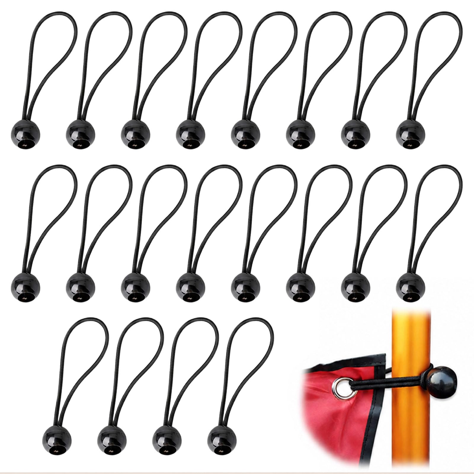 20PCS Black Tarpaulin Bungee Balls, Heavy Duty Elastic Tarp Tie Downs Cords, Bungee Cord Holders for Tent Banner Pavilions Flag Poles Awnings Boats Trampolines