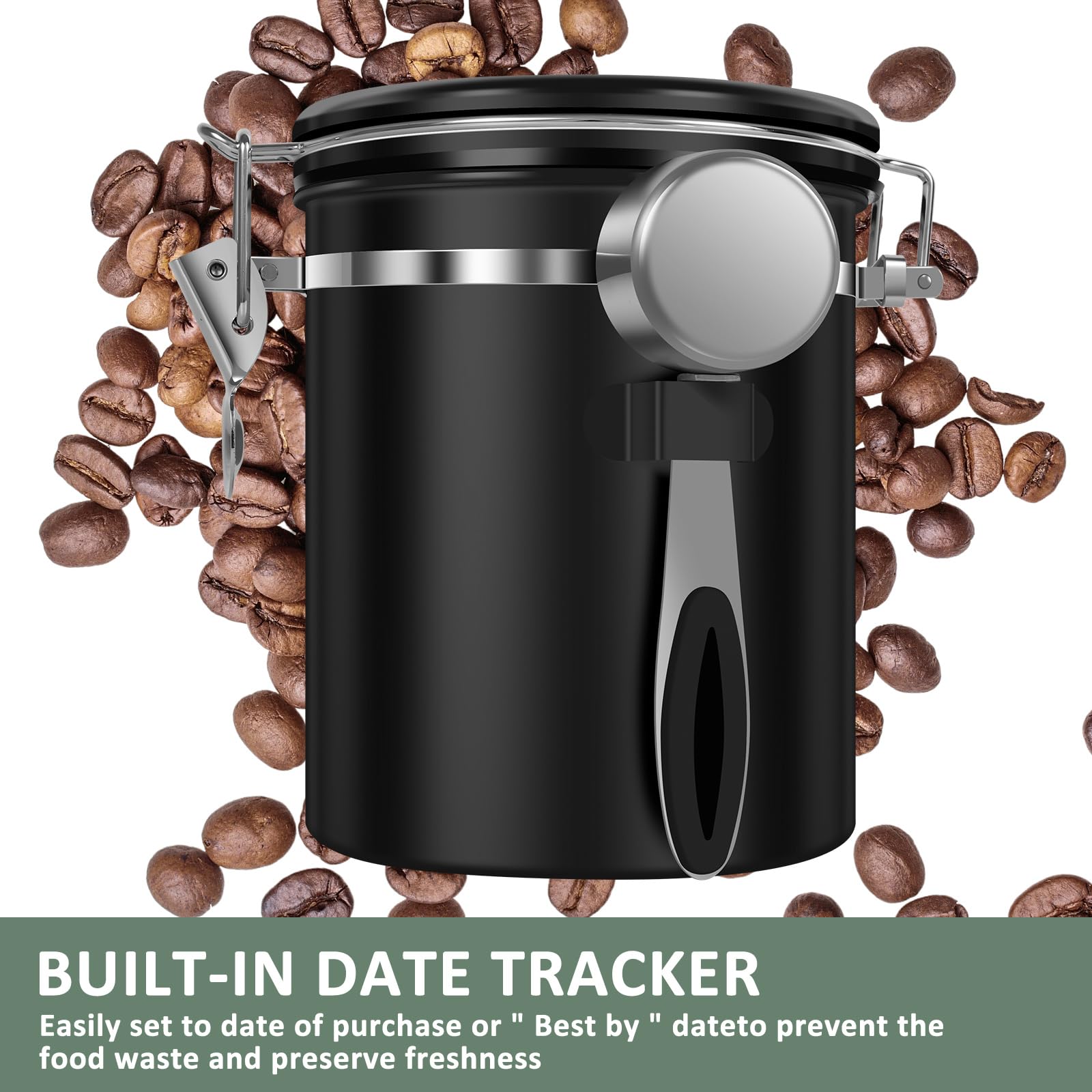 Kaffee-Vorratsdose, 1,5 l, doppelt, luftdicht, Kaffeebohnen-Behälter mit Datumsanzeige, 304 Edelstahl, Küchen-Lebensmittelbehälter mit Löffel für Tee, Zucker, 4 Stück
