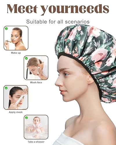Miniatura 2 de Auban Gorro de ducha con forro de rizo, gorro de ducha grande de triple capa para mujer, gorro de ducha reutilizable de tela de rizo para mujer,