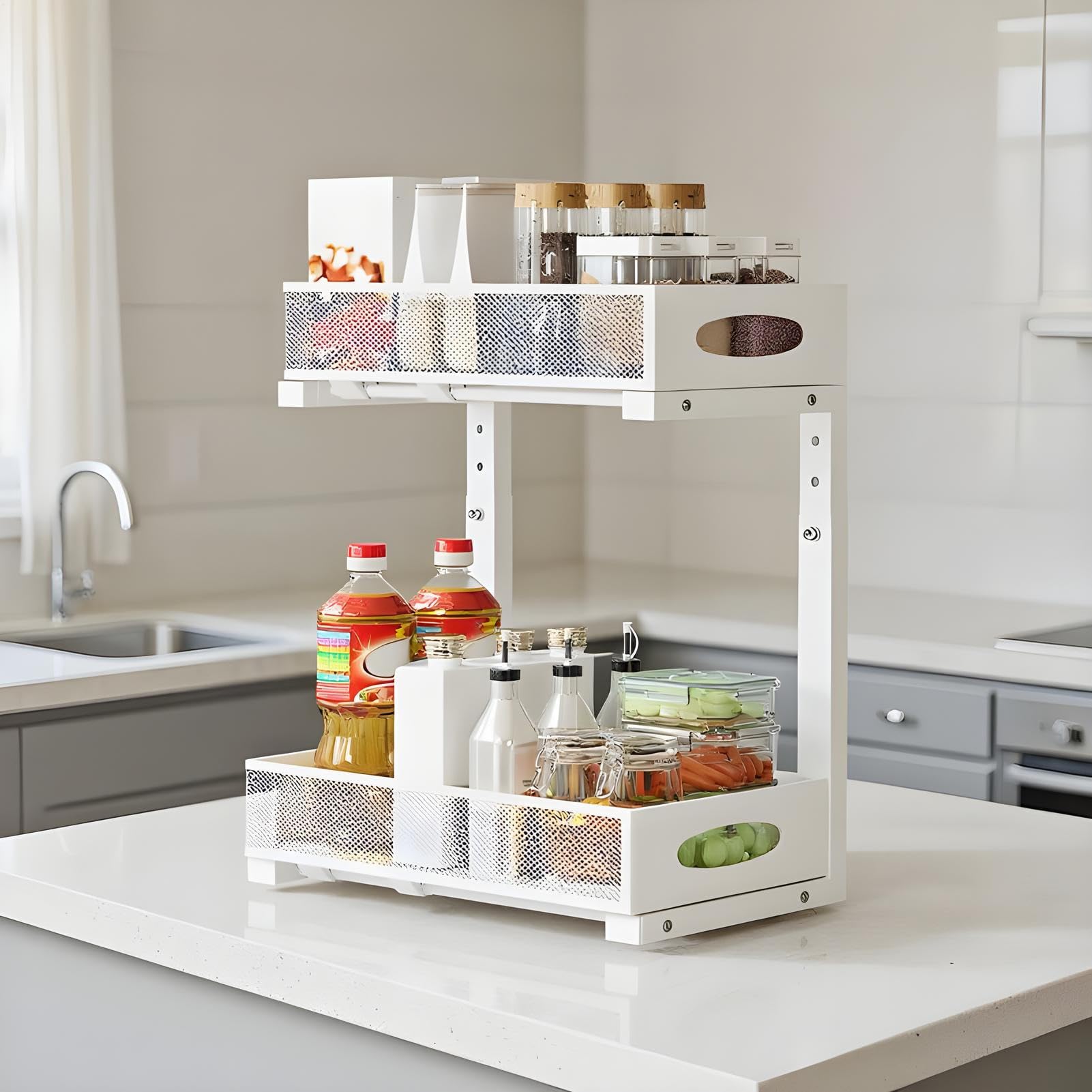 Organizador Para Debajo Del Lavabo Del Baño Organizador De Almacenamiento | Estante de Organización con Altura Ajustable para Hogar, Cocina, Despensa, Armario, Baño, Lavande