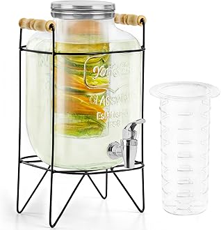 ABOUT SPACE 5 litre Glass Water Dispenser with Tap, Infuser & Stand - Air Tight Lid Detox Water Jar - Mason Jar - Counter Tabletop Juice, Infused Water Beer Dispenser for Home Restaurant Party