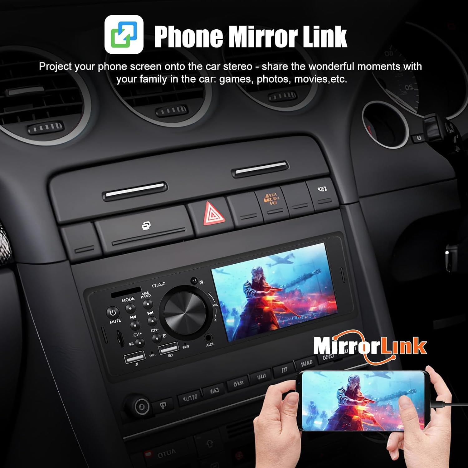 Single Din Car Stereo with Apple Carplay Android Auto, 4" Touch Screen Car Stereo with Bluetooth Handsfree, Car Radio Support Mirror Link FM USB TF USX EQ SWC Remote Control