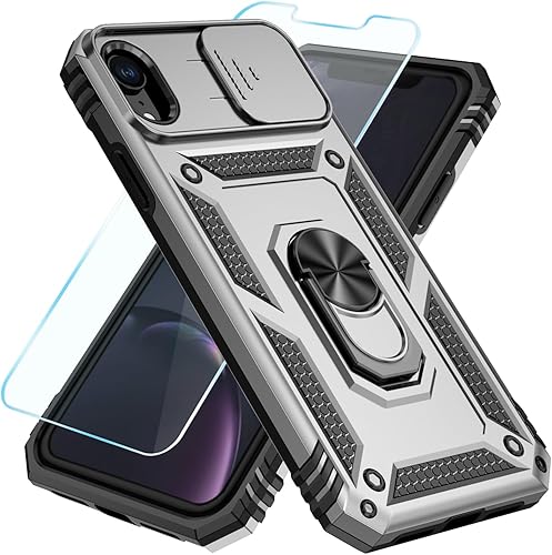 SunStory Funda compatible con iPhone XR con protector de pantalla HD, cubierta de cámara deslizante y soporte de anillo giratorio, grado militar