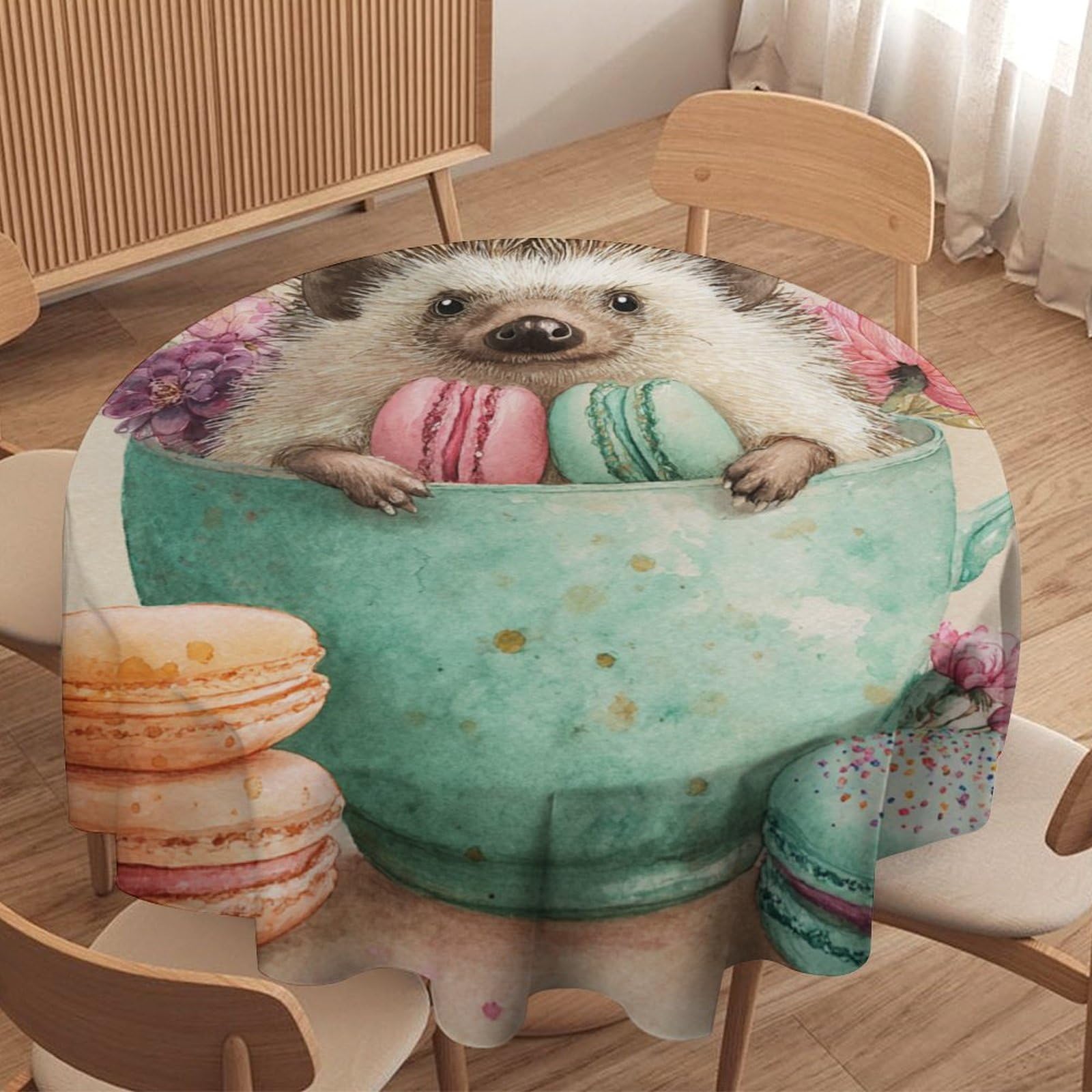 LUYYSKY Beautiful Retro Cute Hedgehogs Waterproof Round Tablecloth Modern Aesthetic Macarons Flowers Animals Hedgehog Pattern Washable Table Cover for Kitchen-177.8" Wx177.8 L cm